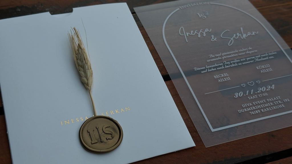 Frosted Acrylic Wedding Invitation with White Print, White Envelope Gold Print & Gold Wax Seal - LunaInvites