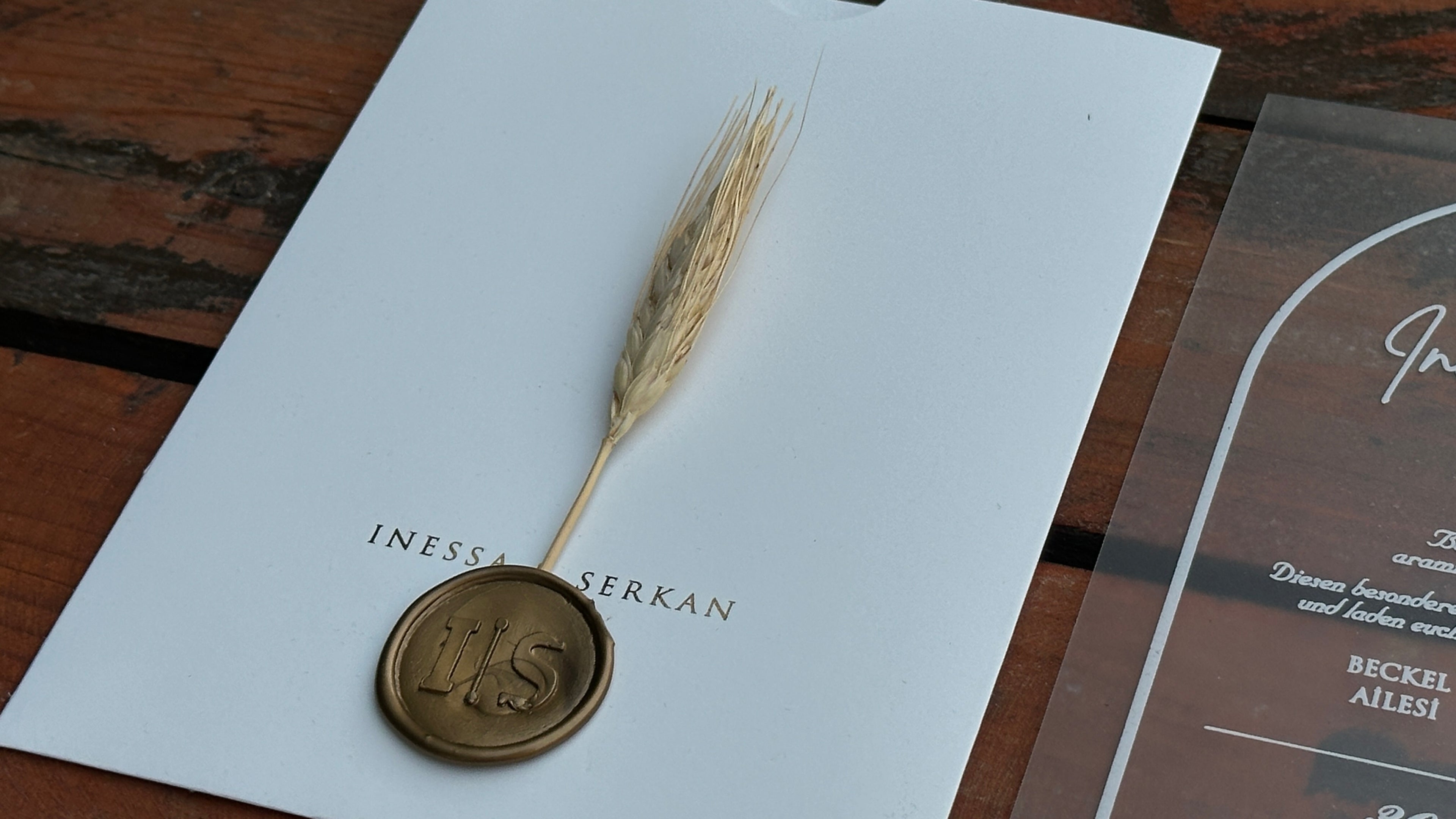 Frosted Acrylic Wedding Invitation with White Print, White Envelope Gold Print & Gold Wax Seal - LunaInvites