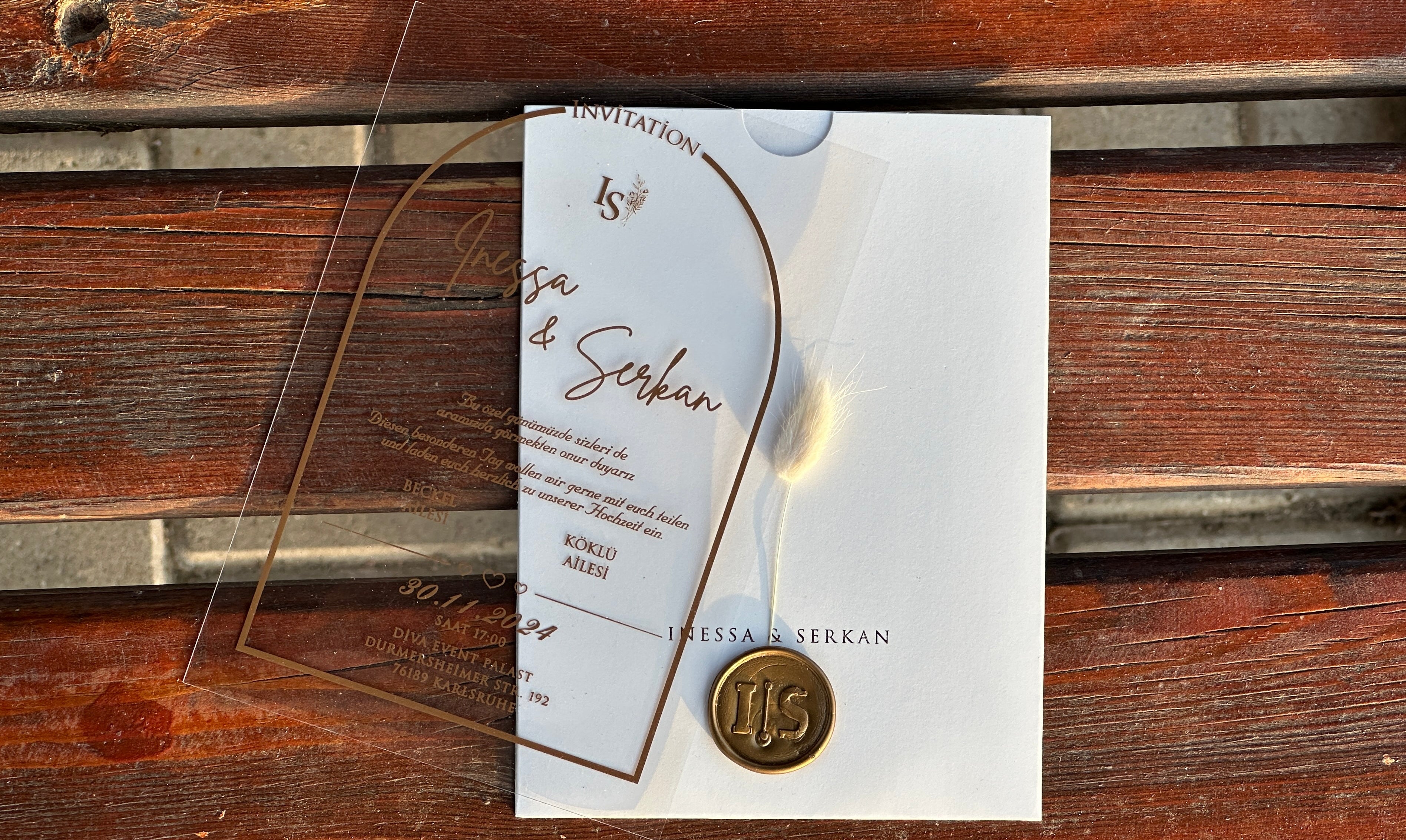Clear Acrylic Wedding Invitation with Gold Print, White Envelope, Gold Wax Seal & Dried Flower - LunaInvites