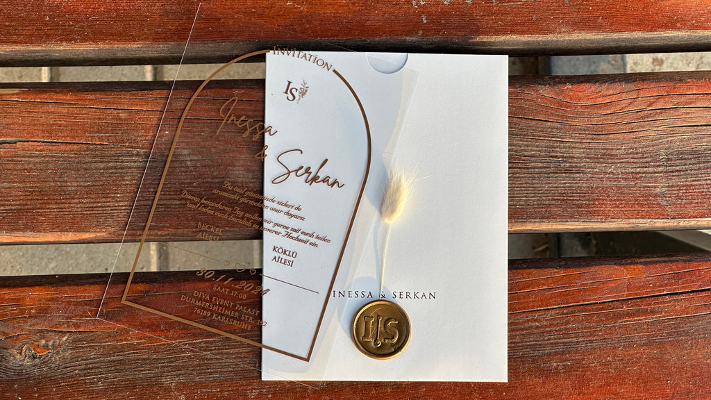 Clear Acrylic Wedding Invitation with Gold Print, White Envelope, Gold Wax Seal & Dried Flower - LunaInvites