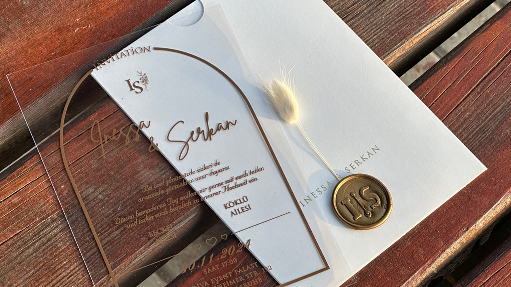 Clear Acrylic Wedding Invitation with Gold Print, White Envelope, Gold Wax Seal & Dried Flower - LunaInvites