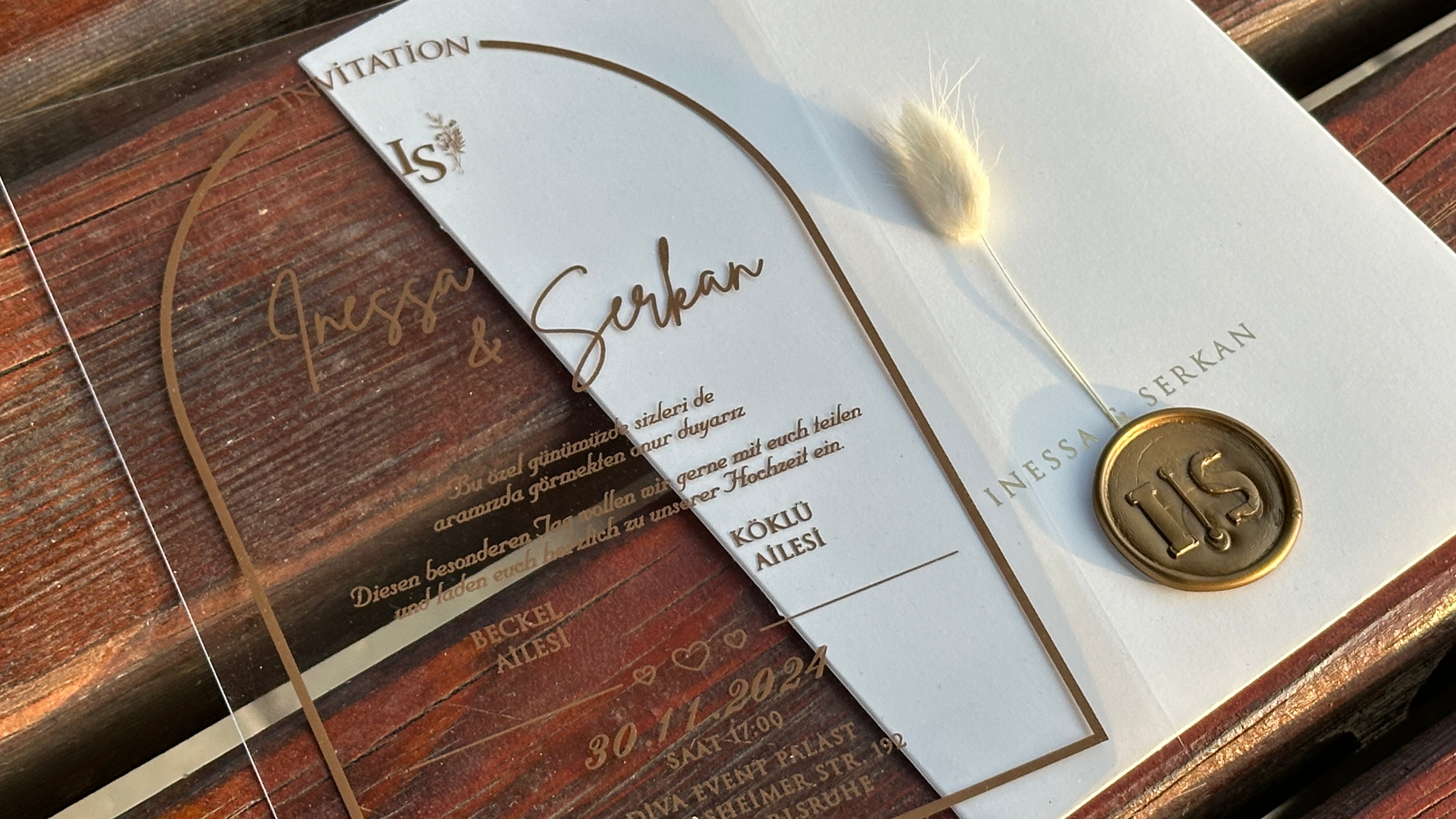 Clear Acrylic Wedding Invitation with Gold Print, White Envelope, Gold Wax Seal & Dried Flower - LunaInvites