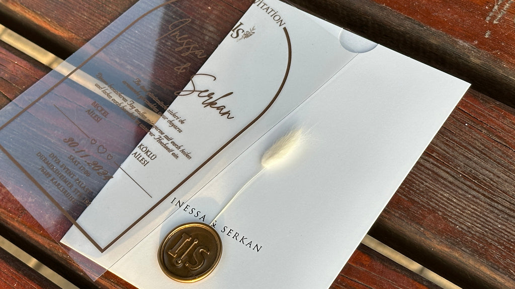 Clear Acrylic Wedding Invitation with Gold Print, White Envelope, Gold Wax Seal & Dried Flower - LunaInvites