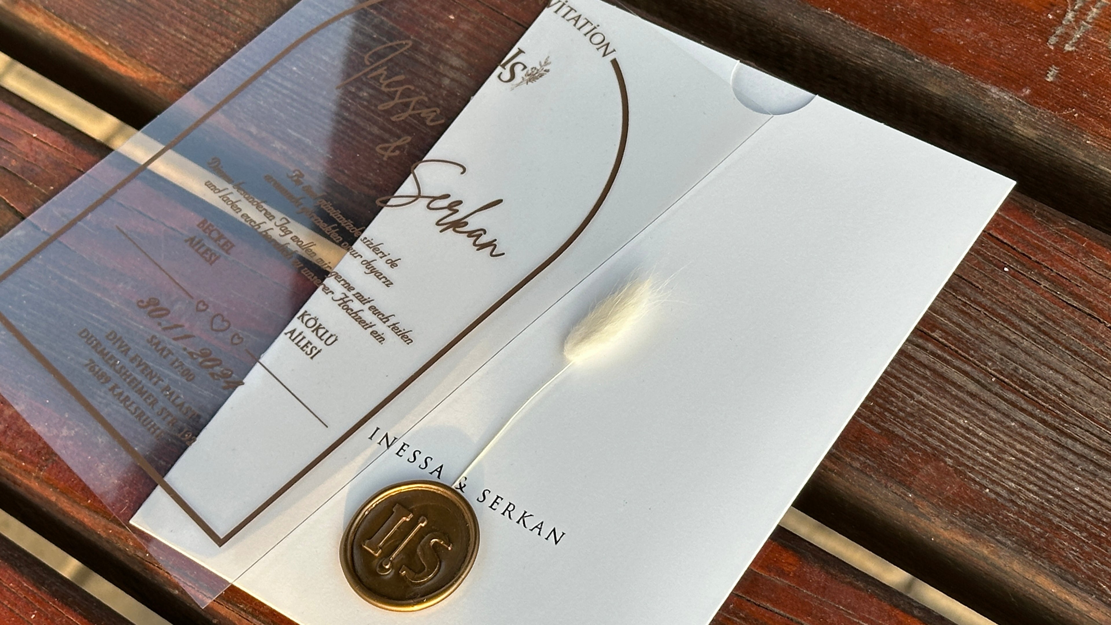 Clear Acrylic Wedding Invitation with Gold Print, White Envelope, Gold Wax Seal & Dried Flower - LunaInvites