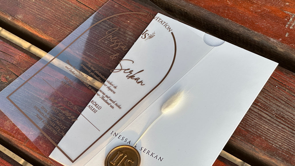 Clear Acrylic Wedding Invitation with Gold Print, White Envelope, Gold Wax Seal & Dried Flower - LunaInvites