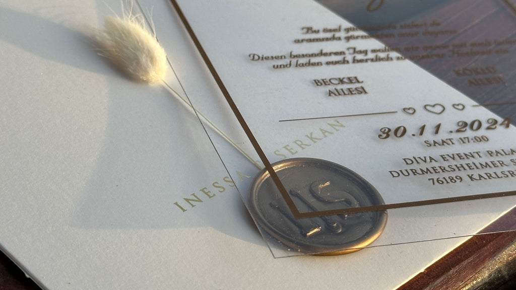 Clear Acrylic Wedding Invitation with Gold Print, White Envelope, Gold Wax Seal & Dried Flower - LunaInvites