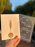 Frosted Acrylic Wedding Invitation with White Print, White Envelope Gold Print & Gold Wax Seal - LunaInvites