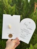 Classic Wedding Invitation with Black Print, White Envelope with Gold Print, Gold Wax Seal & Dried Flower - LunaInvites