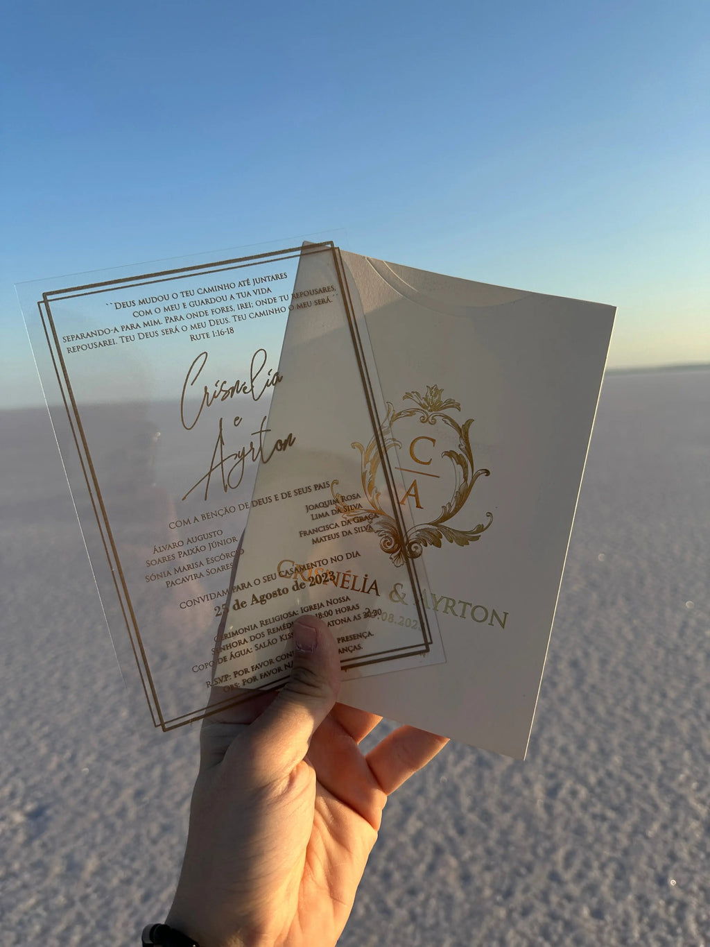 Clear Acrylic Wedding Invitation with Gold Foil & White Envelope LunaInvites