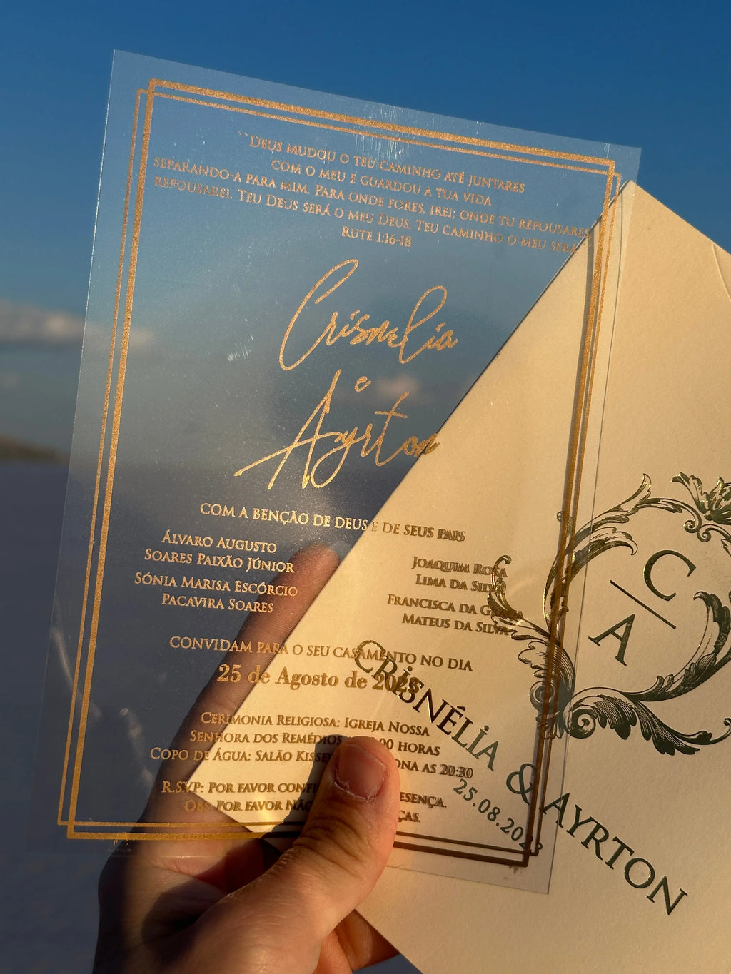 Clear Acrylic Wedding Invitation with Gold Foil & White Envelope LunaInvites