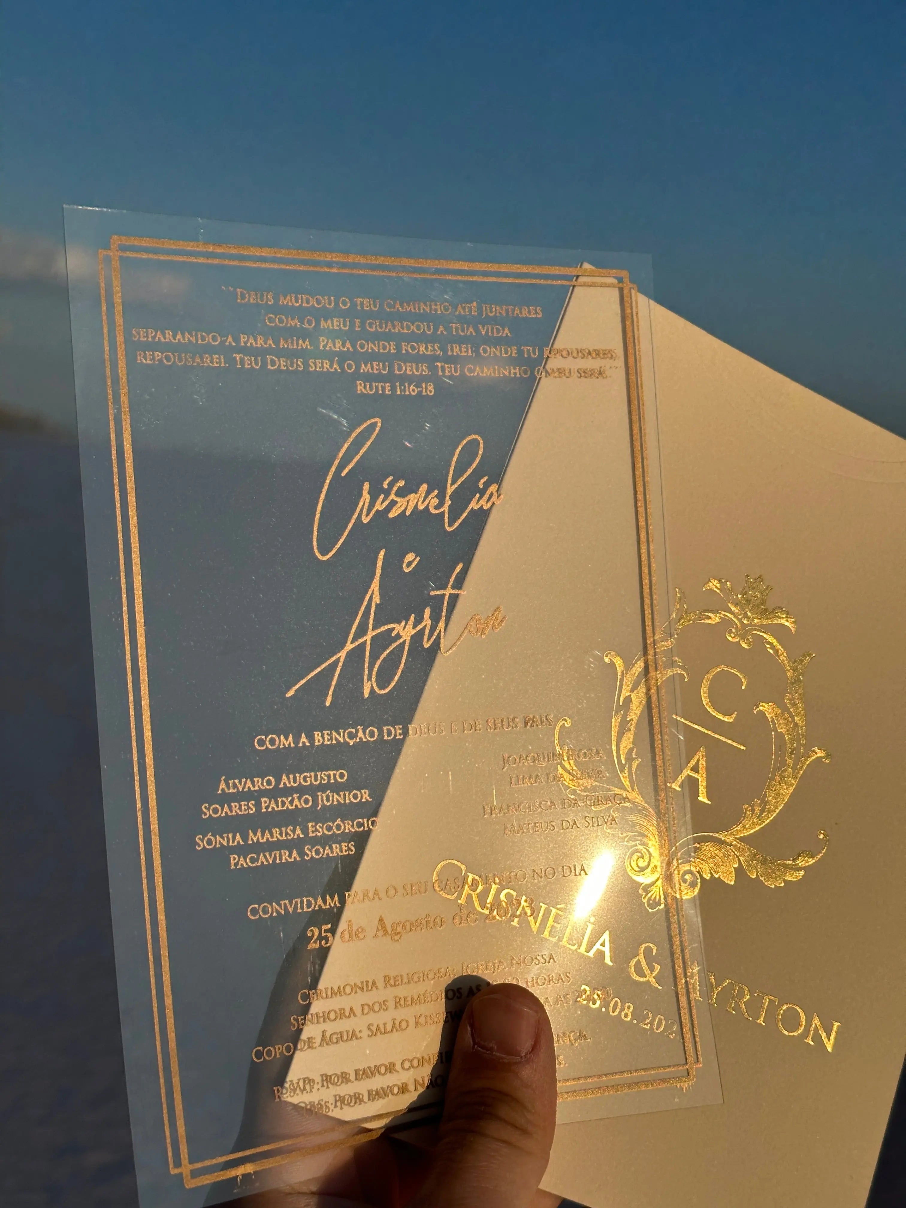 Clear Acrylic Wedding Invitation with Gold Foil & White Envelope LunaInvites