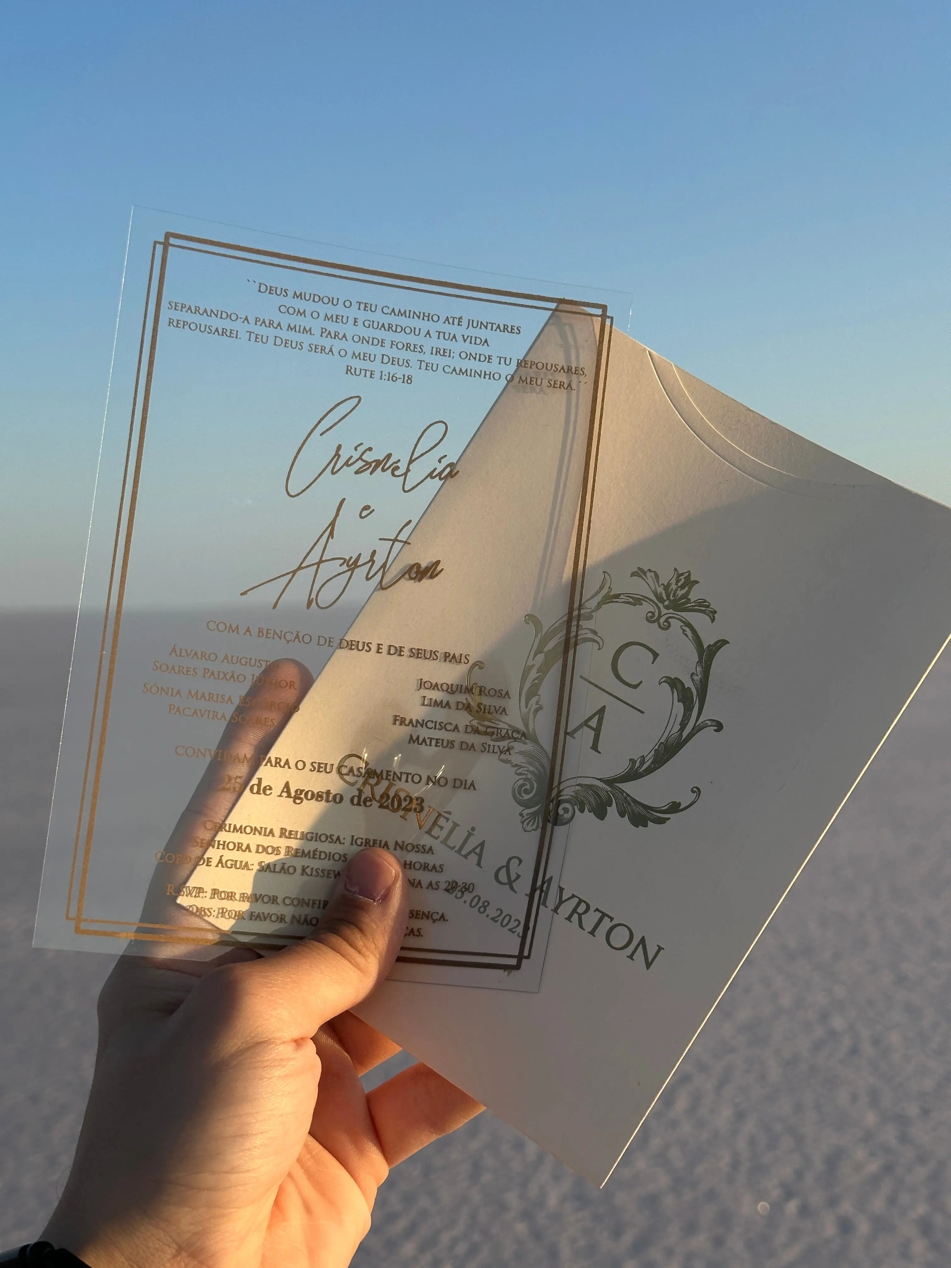 Clear Acrylic Wedding Invitation with Gold Foil & White Envelope LunaInvites