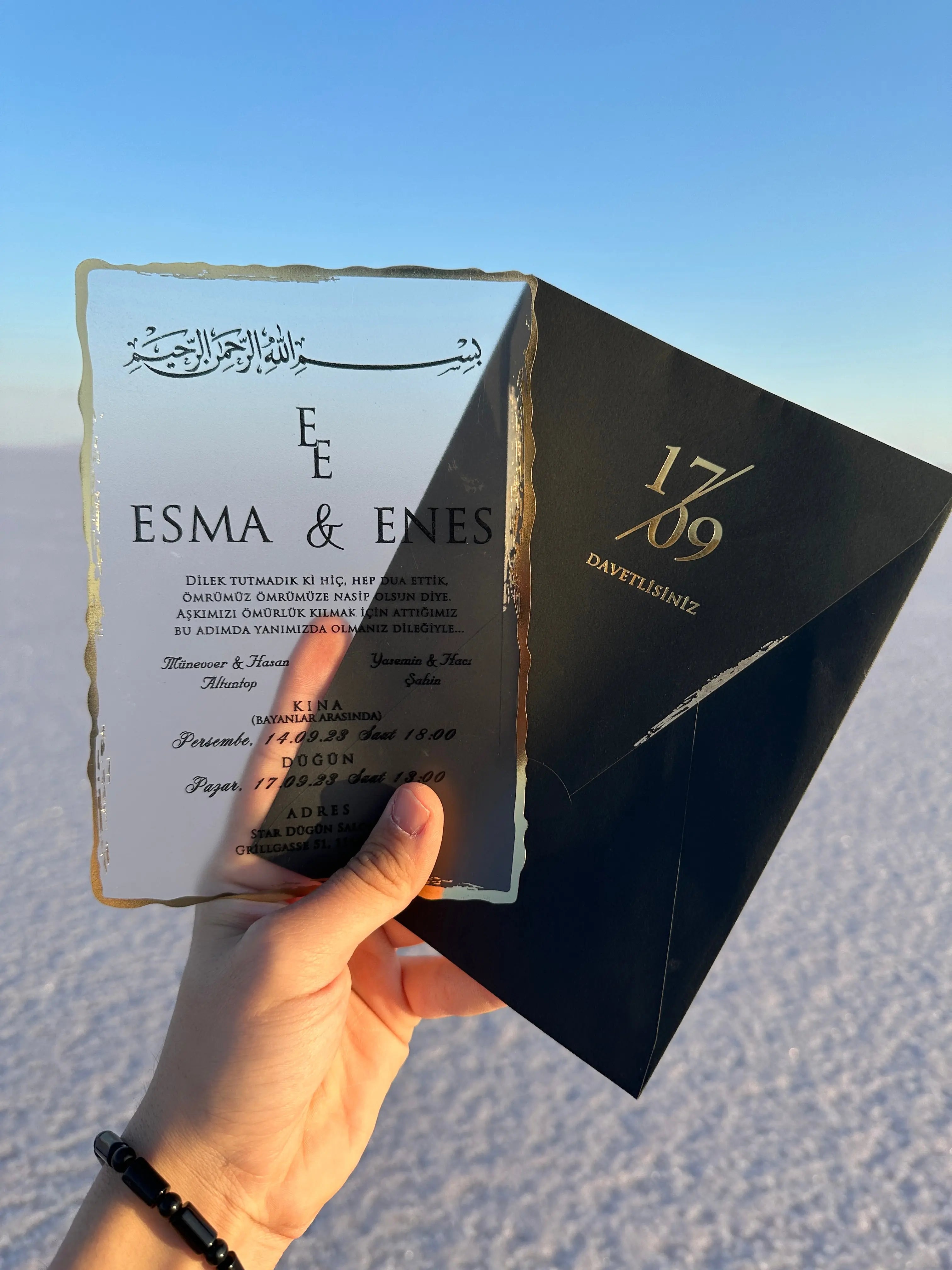 Frosted Acrylic Wedding Invitation with Black Print & Black Envelope LunaInvites