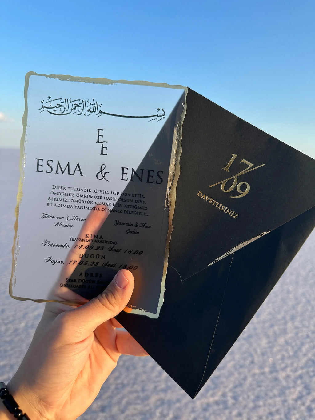 Frosted Acrylic Wedding Invitation with Black Print & Black Envelope LunaInvites