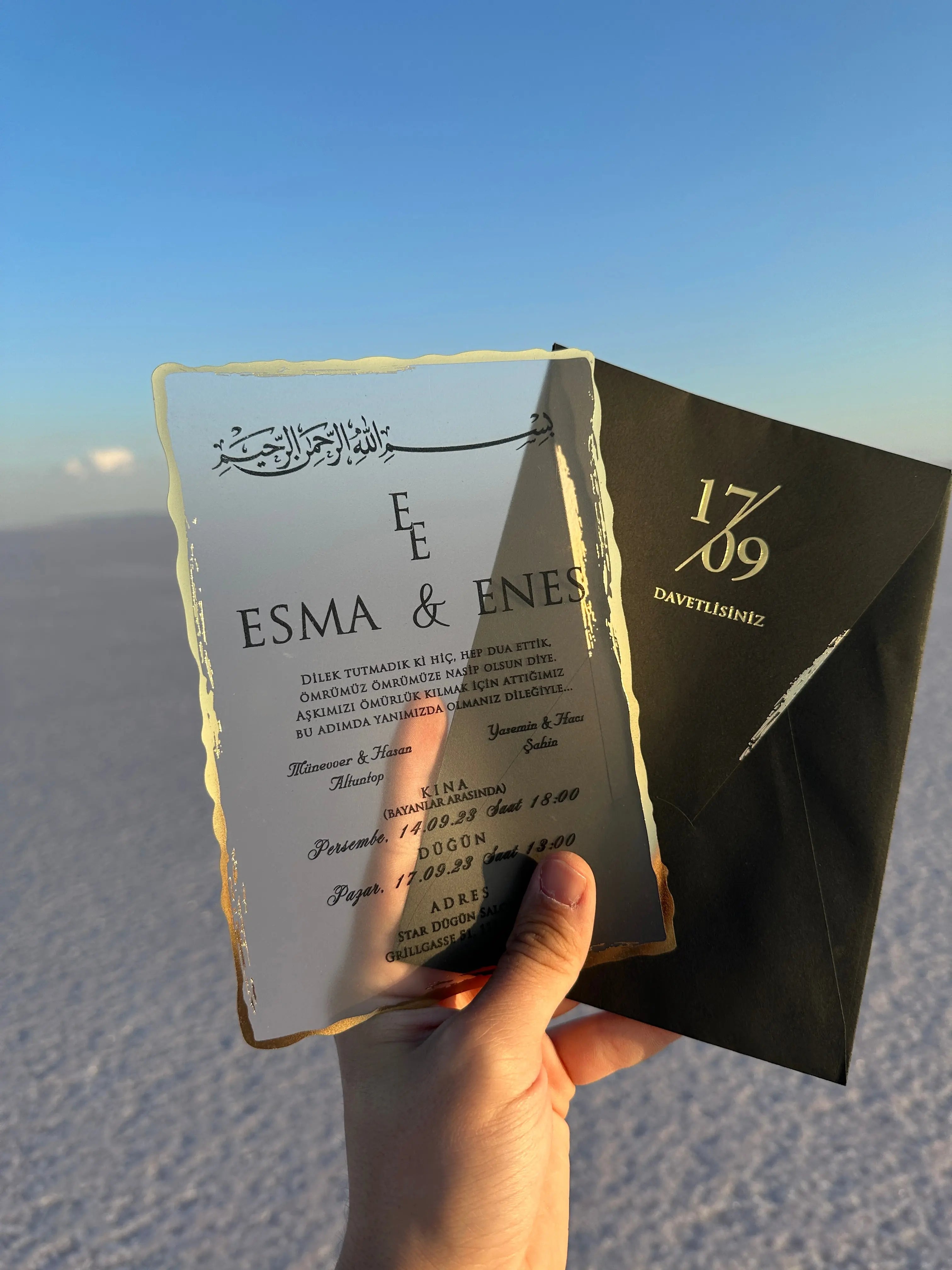 Frosted Acrylic Wedding Invitation with Black Print & Black Envelope LunaInvites