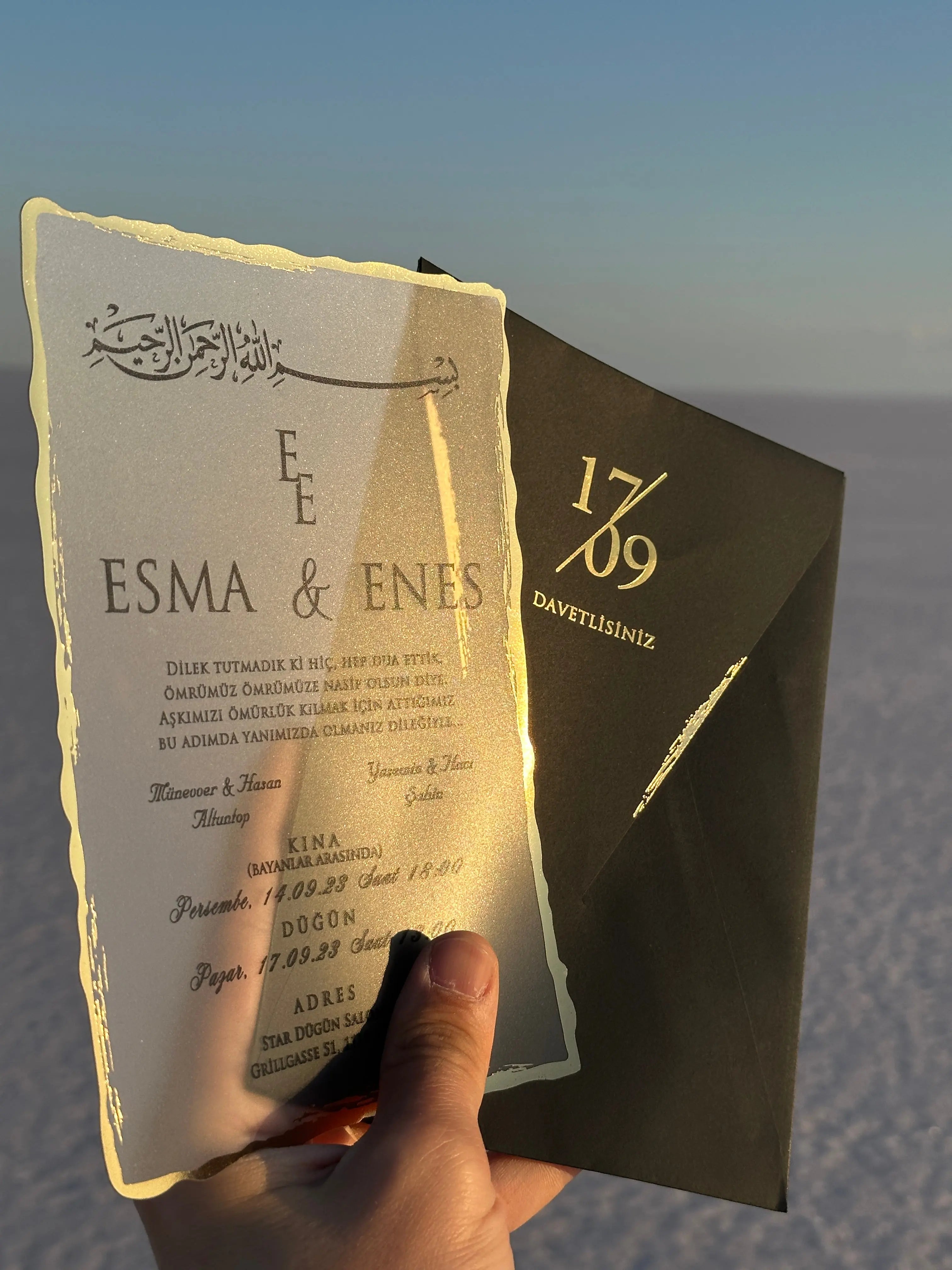 Frosted Acrylic Wedding Invitation with Black Print & Black Envelope LunaInvites