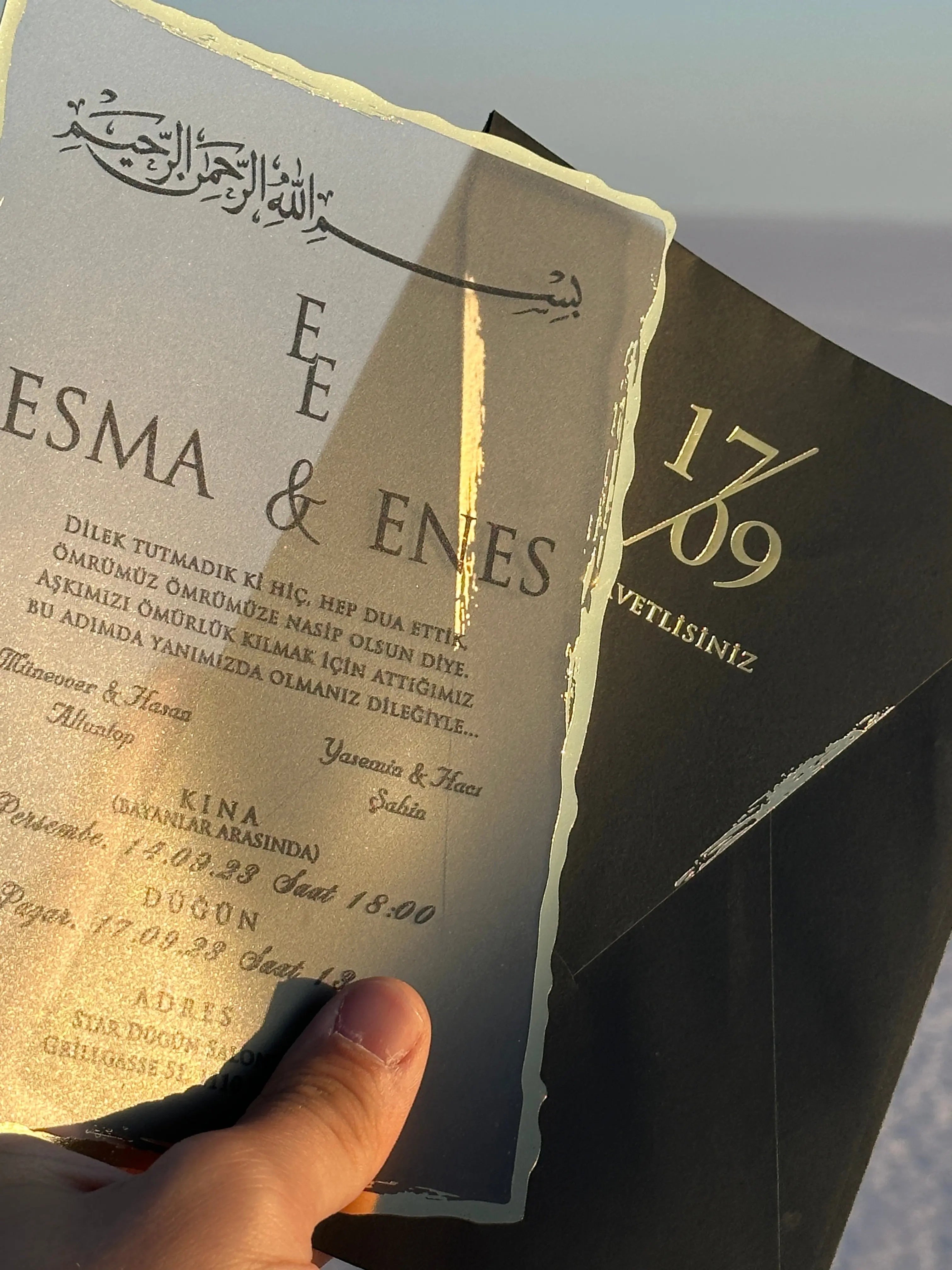 Frosted Acrylic Wedding Invitation with Black Print & Black Envelope LunaInvites