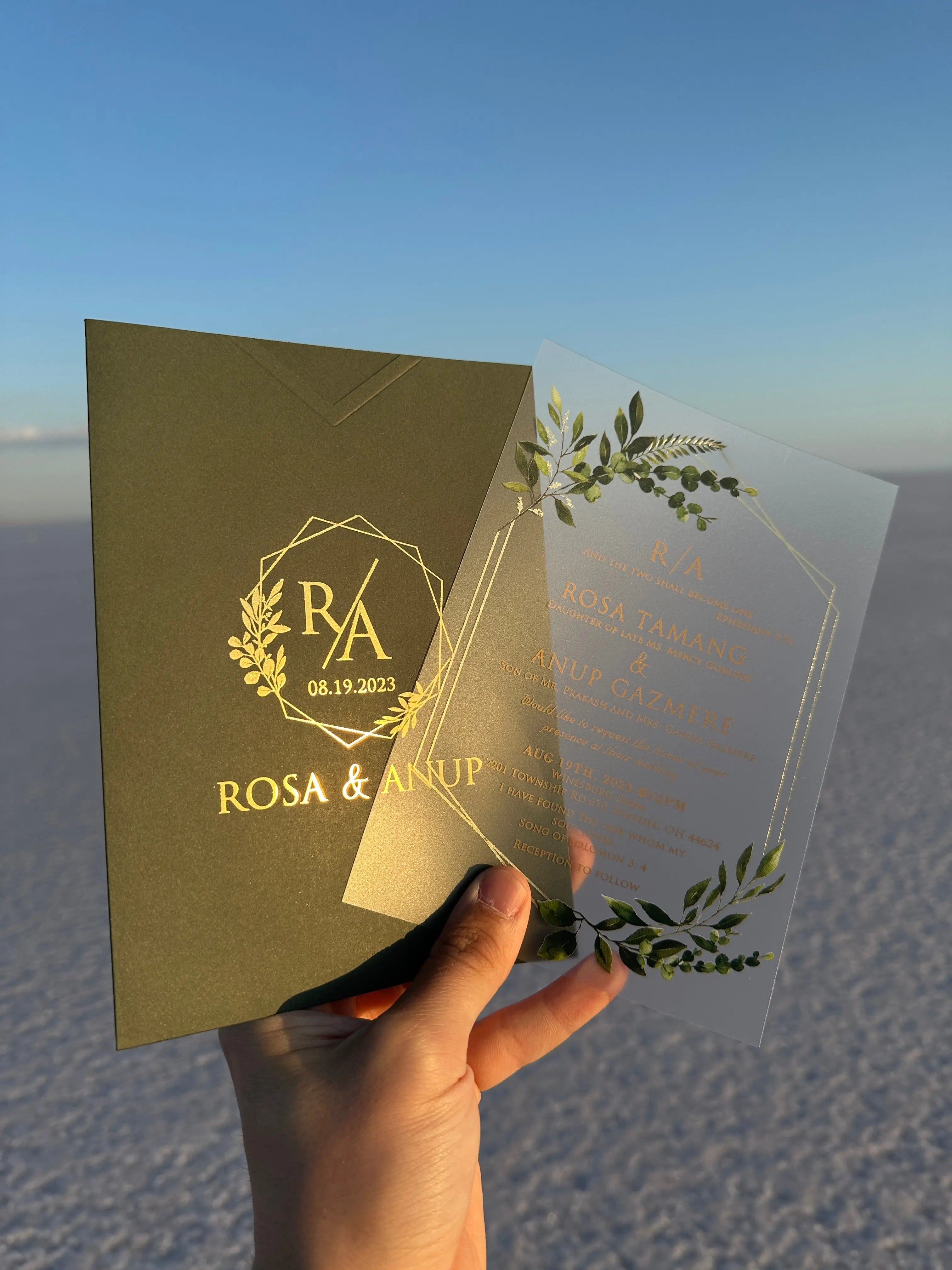 Clear Acrylic Wedding Invitation with Green Botanical Design & Dark Green Envelope LunaInvites