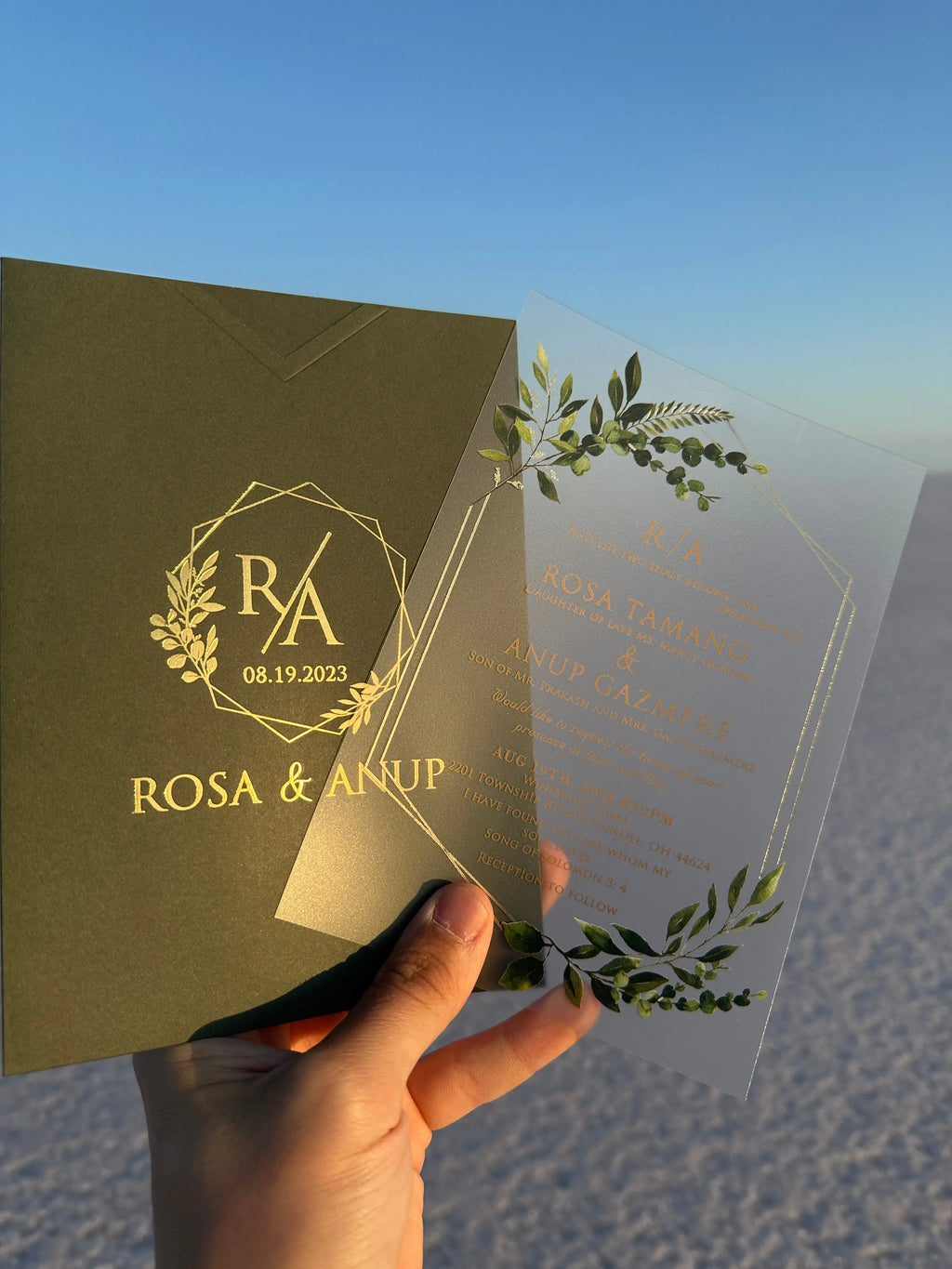 Clear Acrylic Wedding Invitation with Green Botanical Design & Dark Green Envelope LunaInvites