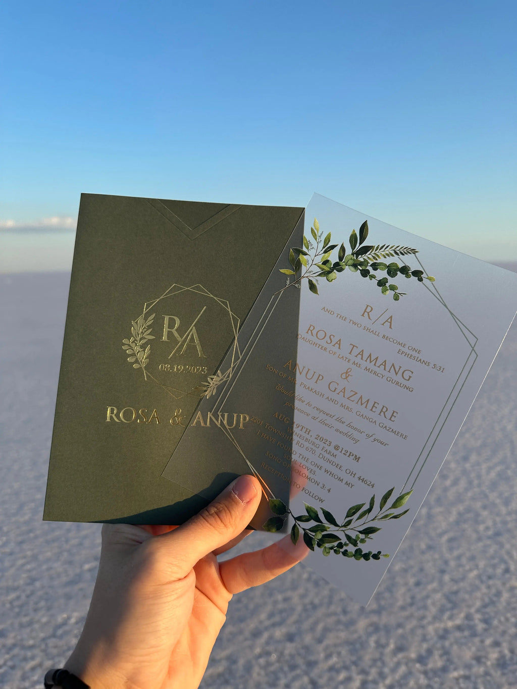 Clear Acrylic Wedding Invitation with Green Botanical Design & Dark Green Envelope LunaInvites