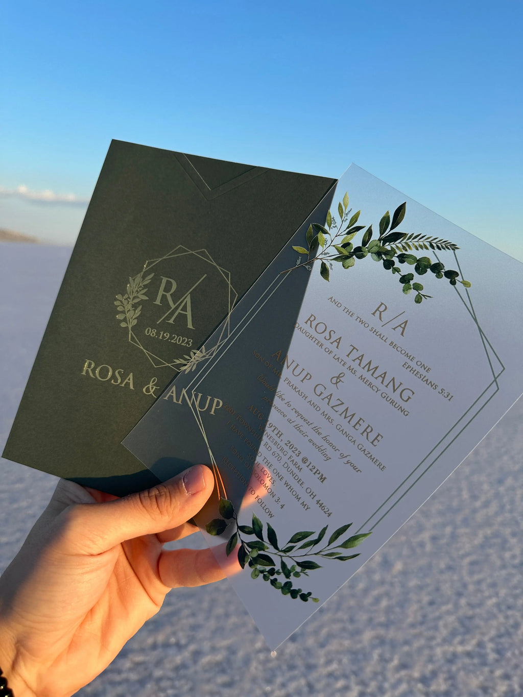 Clear Acrylic Wedding Invitation with Green Botanical Design & Dark Green Envelope LunaInvites