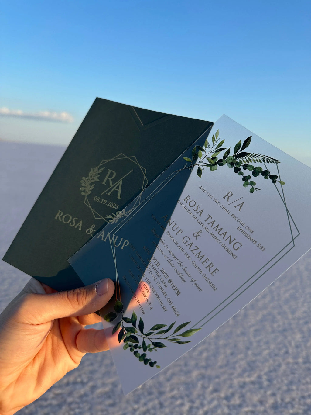 Clear Acrylic Wedding Invitation with Green Botanical Design & Dark Green Envelope LunaInvites