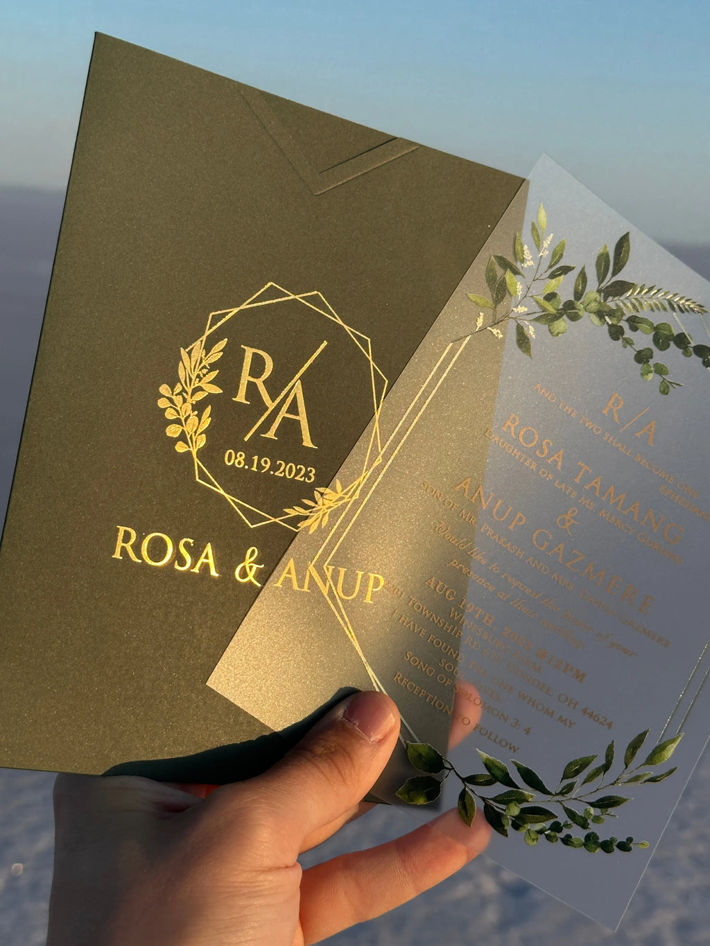 Clear Acrylic Wedding Invitation with Green Botanical Design & Dark Green Envelope LunaInvites