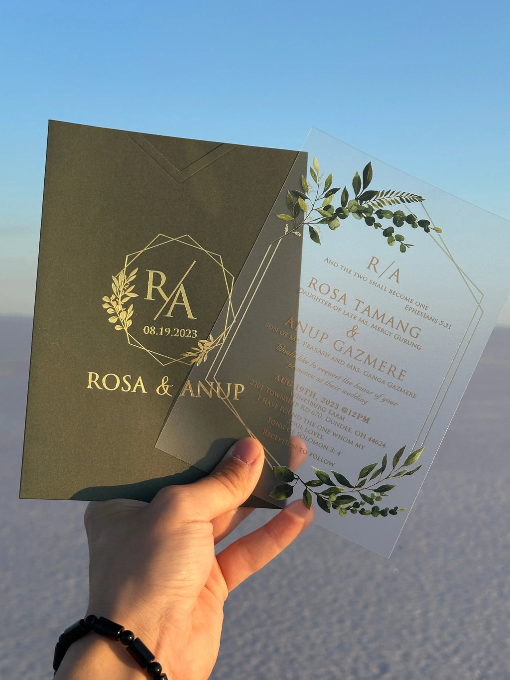 Clear Acrylic Wedding Invitation with Green Botanical Design & Dark Green Envelope LunaInvites