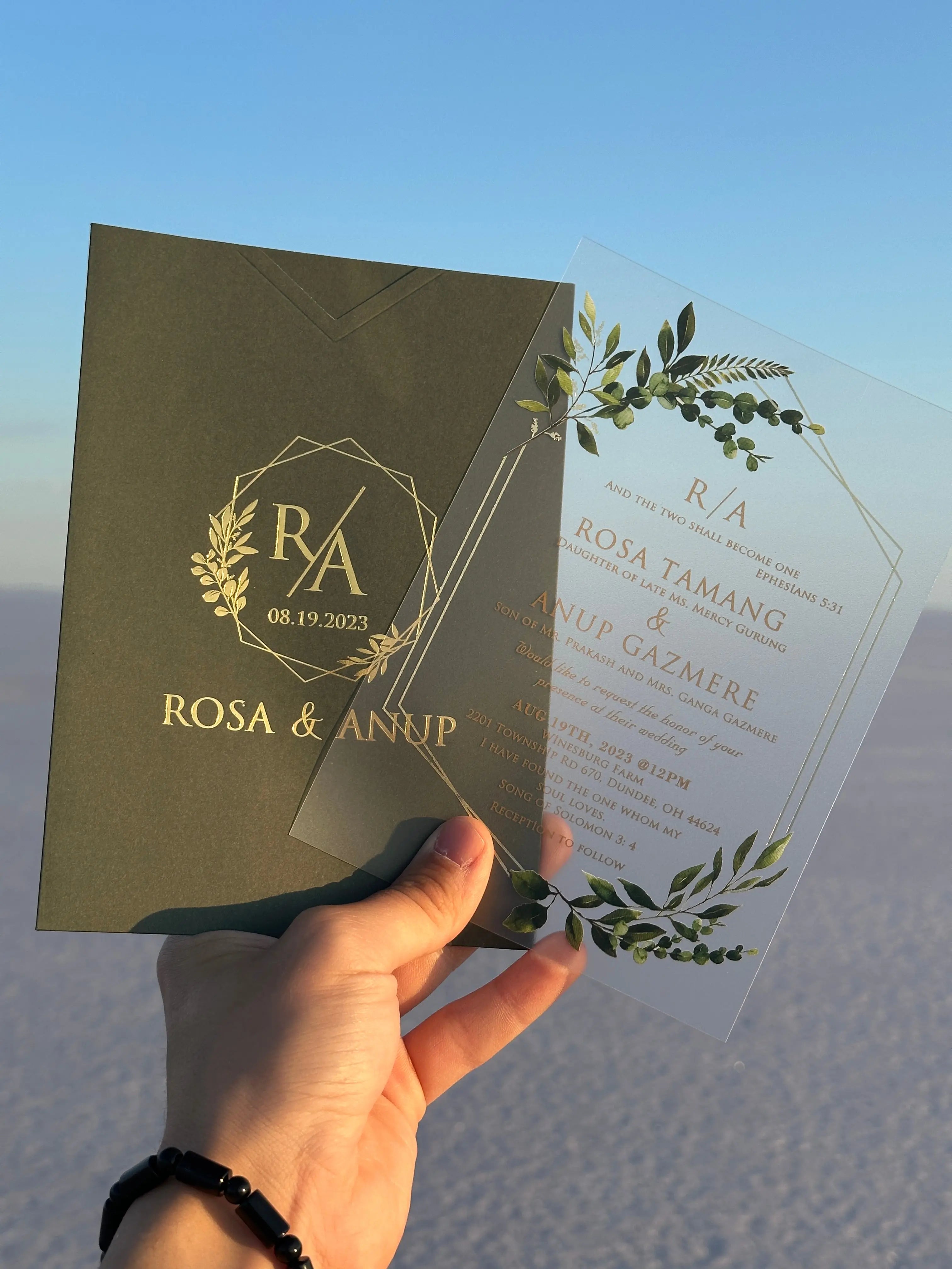 Clear Acrylic Wedding Invitation with Green Botanical Design & Dark Green Envelope LunaInvites