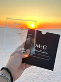 Clear Acrylic Wedding Invitation with Silver Print & Black Envelope LunaInvites