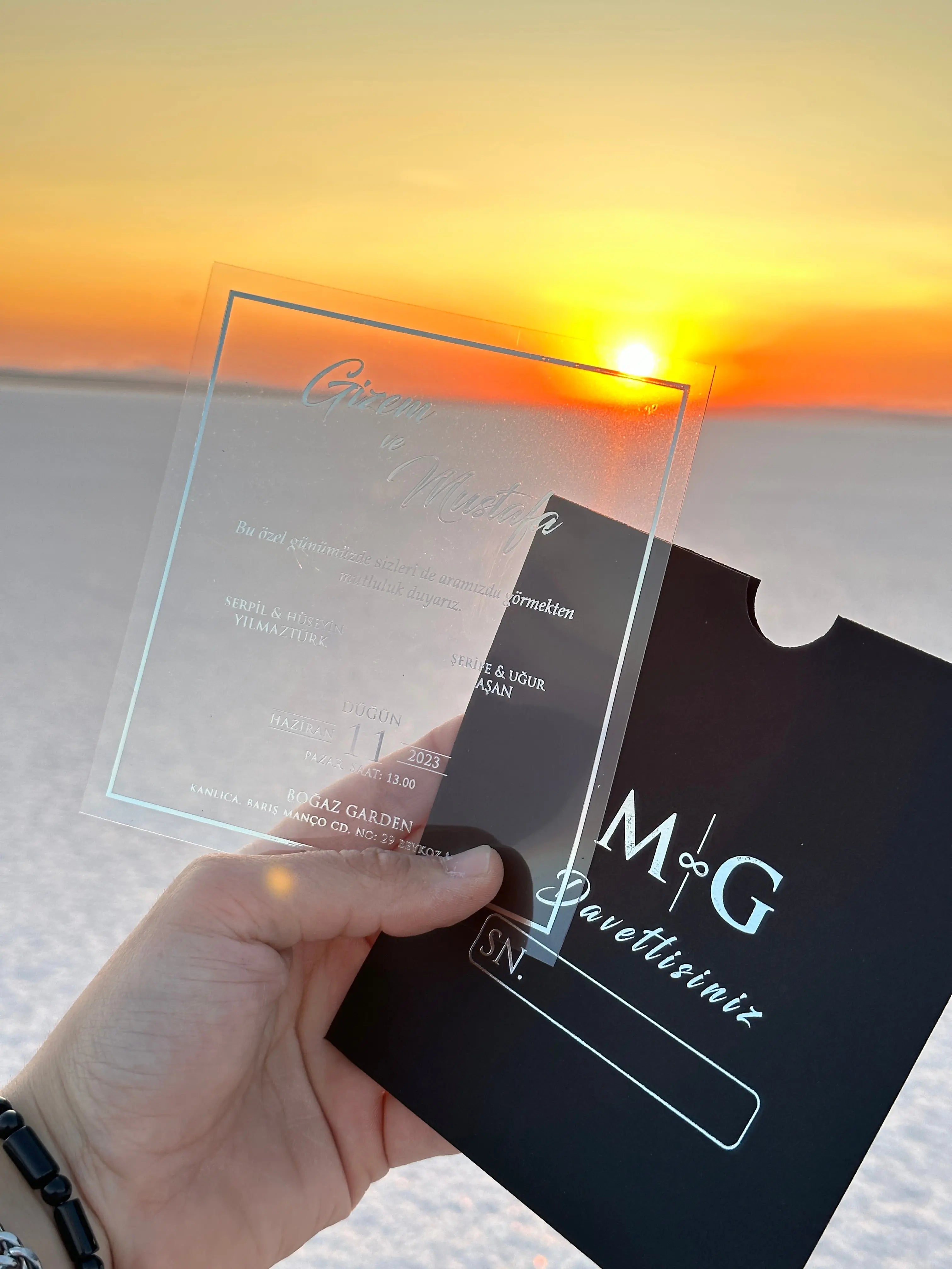 Clear Acrylic Wedding Invitation with Silver Print & Black Envelope LunaInvites