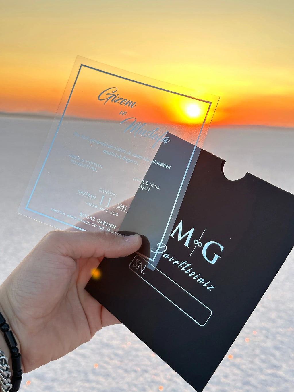 Clear Acrylic Wedding Invitation with Silver Print & Black Envelope LunaInvites