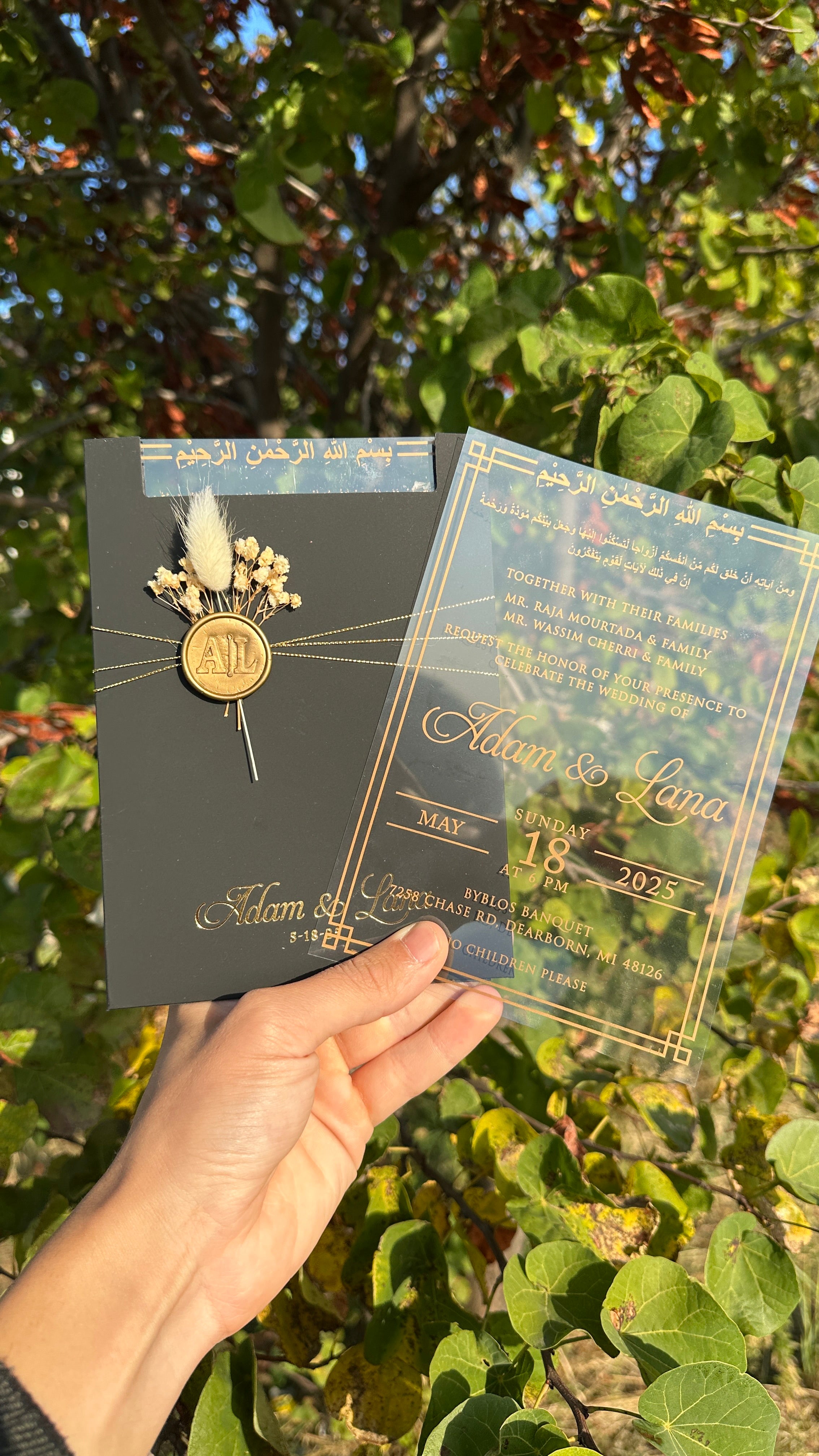 Clear Acrylic Wedding Invitation with Gold Print, Black Envelope, Gold Ribbon, Wax Seal & Dried Flower - LunaInvites