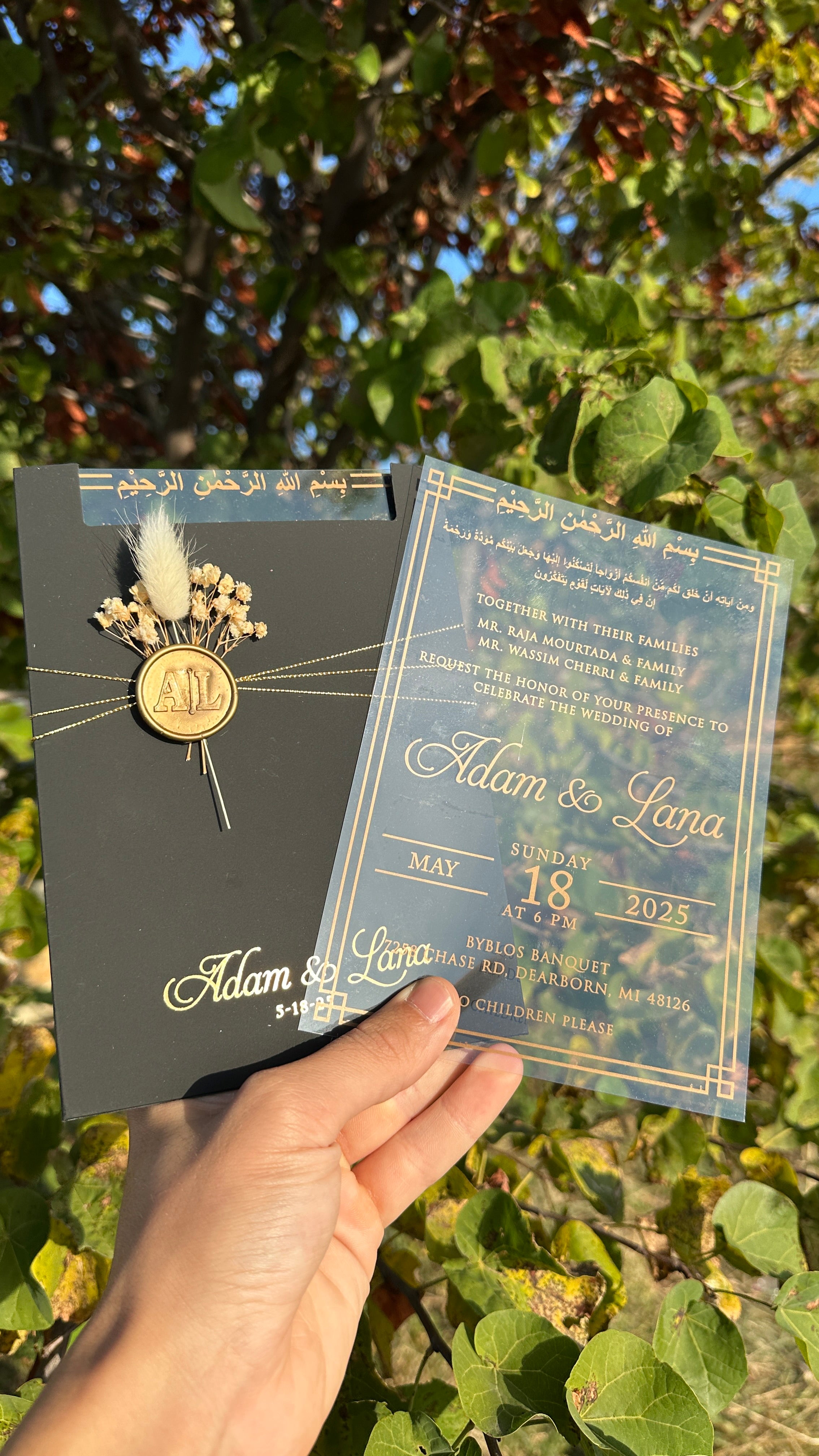 Clear Acrylic Wedding Invitation with Gold Print, Black Envelope, Gold Ribbon, Wax Seal & Dried Flower - LunaInvites
