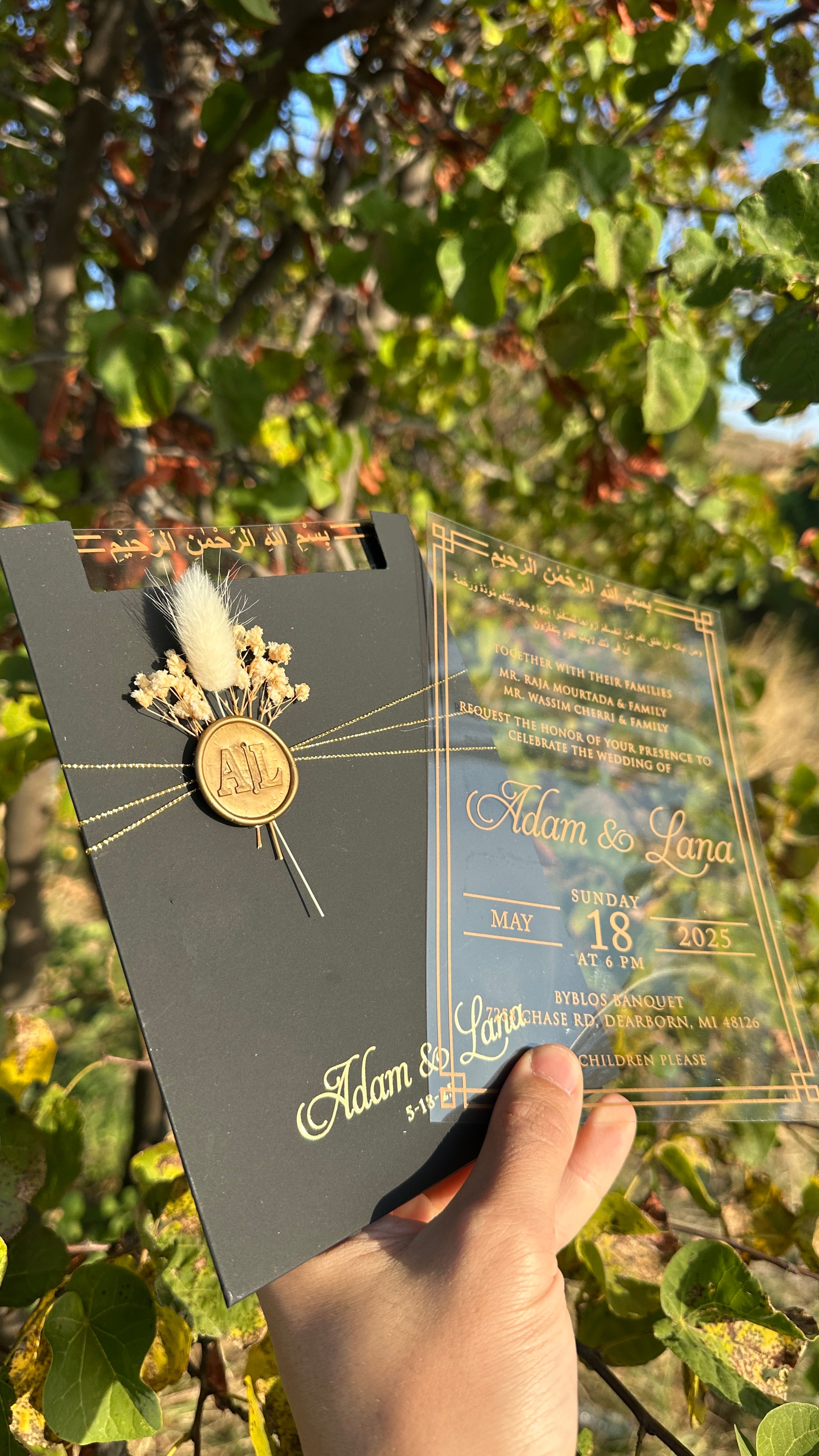 Clear Acrylic Wedding Invitation with Gold Print, Black Envelope, Gold Ribbon, Wax Seal & Dried Flower - LunaInvites