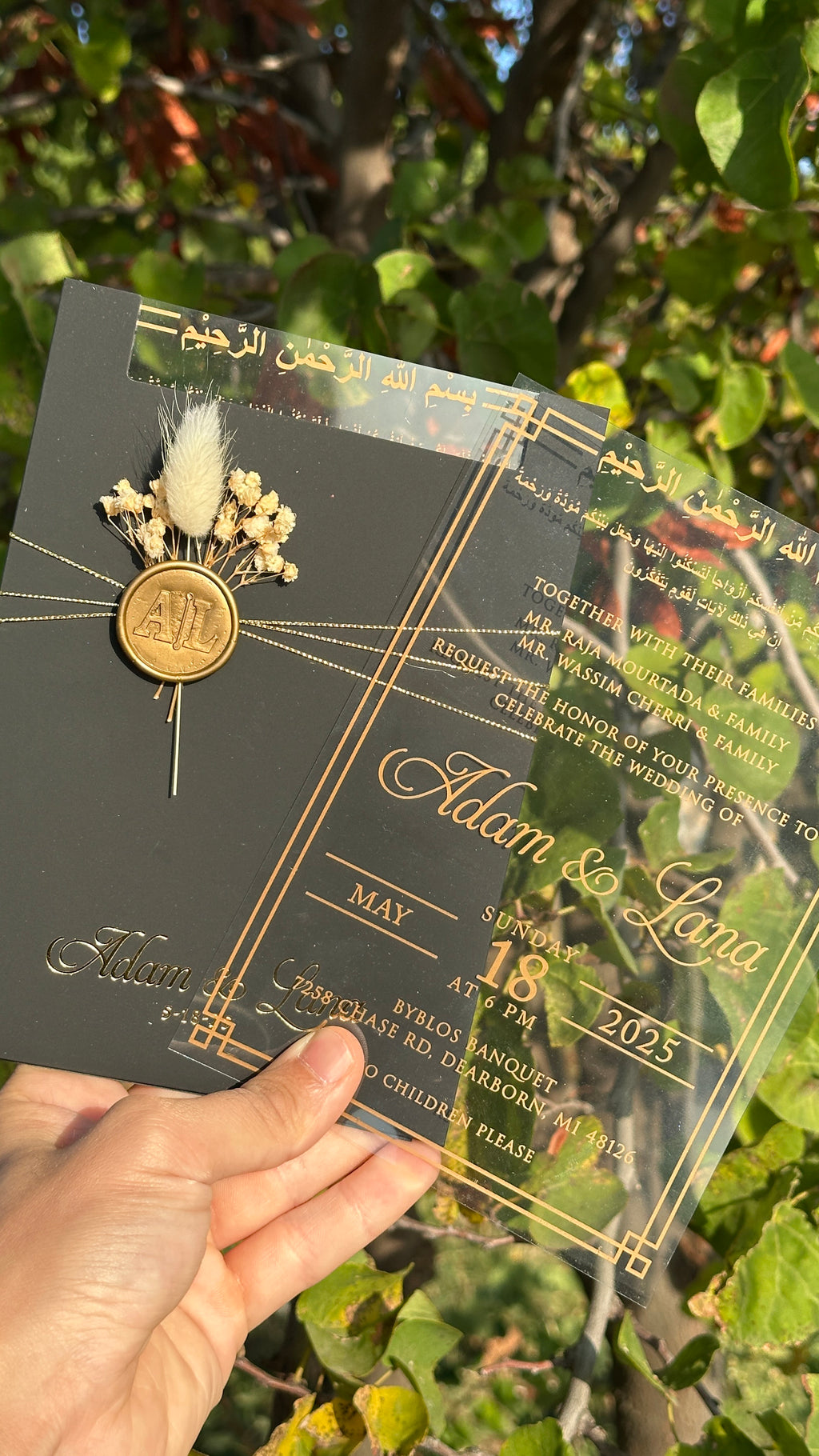 Clear Acrylic Wedding Invitation with Gold Print, Black Envelope, Gold Ribbon, Wax Seal & Dried Flower - LunaInvites