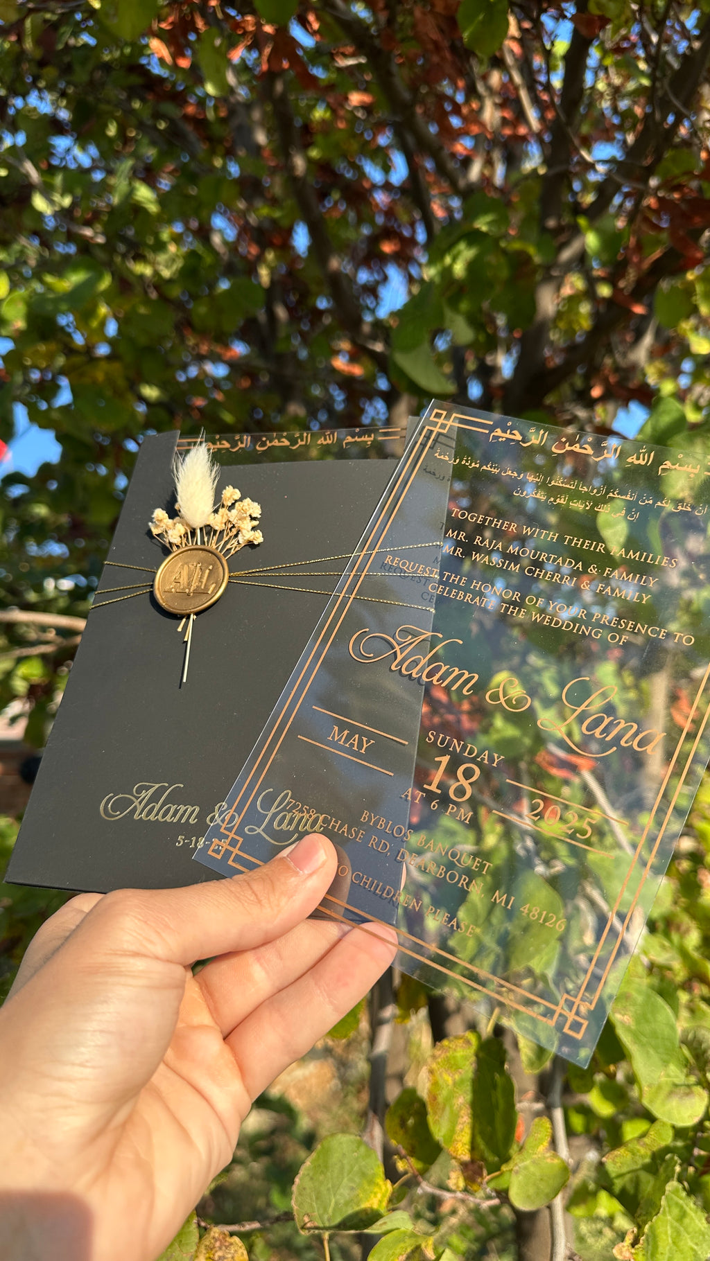 Clear Acrylic Wedding Invitation with Gold Print, Black Envelope, Gold Ribbon, Wax Seal & Dried Flower - LunaInvites