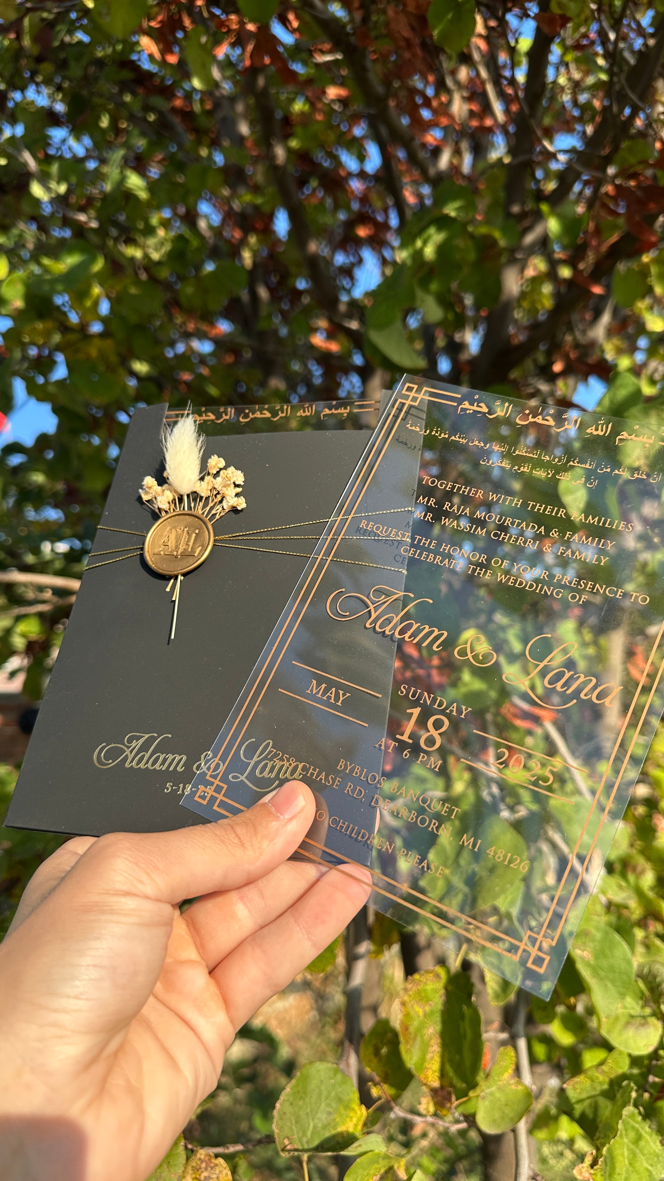 Clear Acrylic Wedding Invitation with Gold Print, Black Envelope, Gold Ribbon, Wax Seal & Dried Flower - LunaInvites