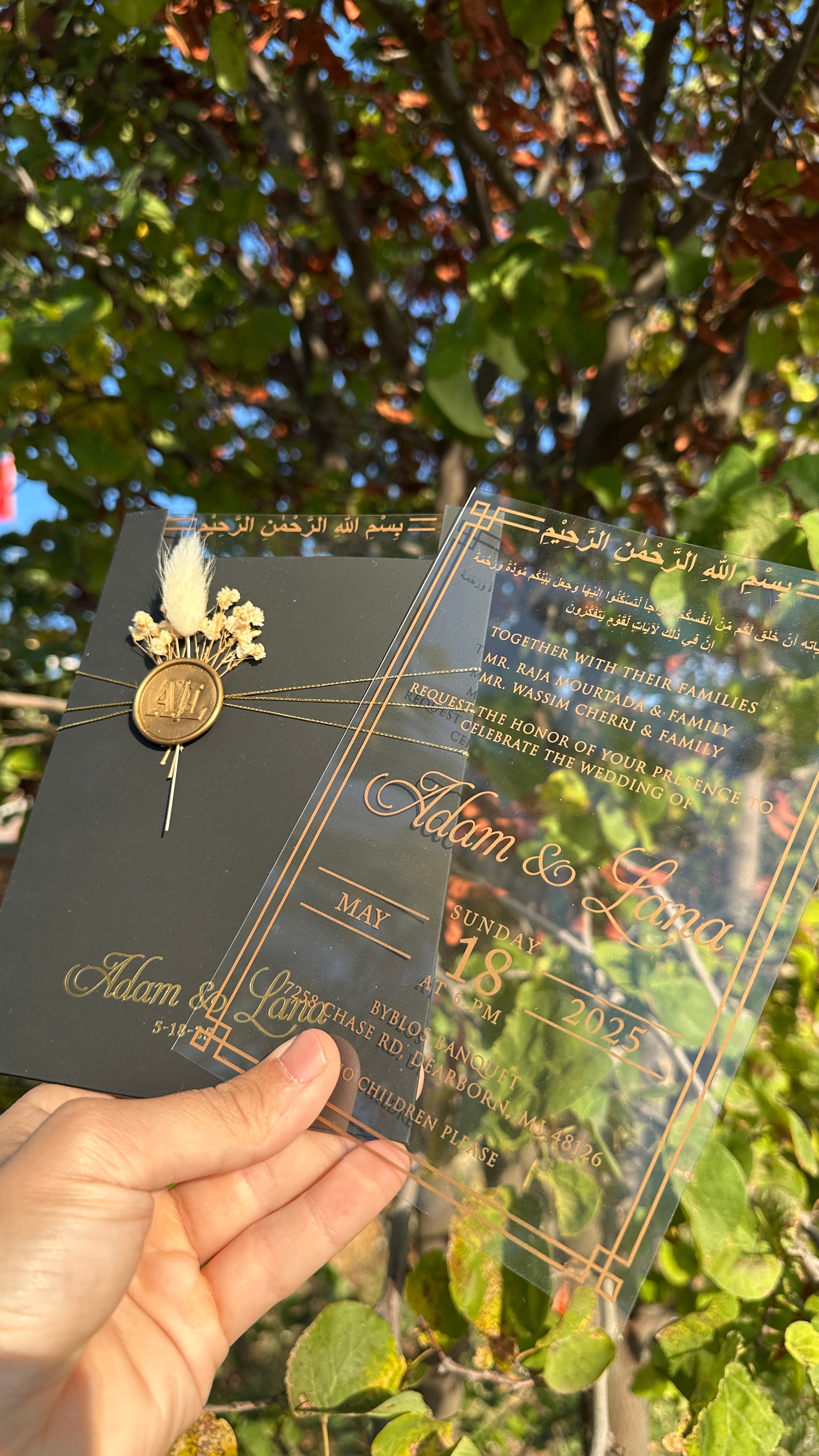 Clear Acrylic Wedding Invitation with Gold Print, Black Envelope, Gold Ribbon, Wax Seal & Dried Flower - LunaInvites