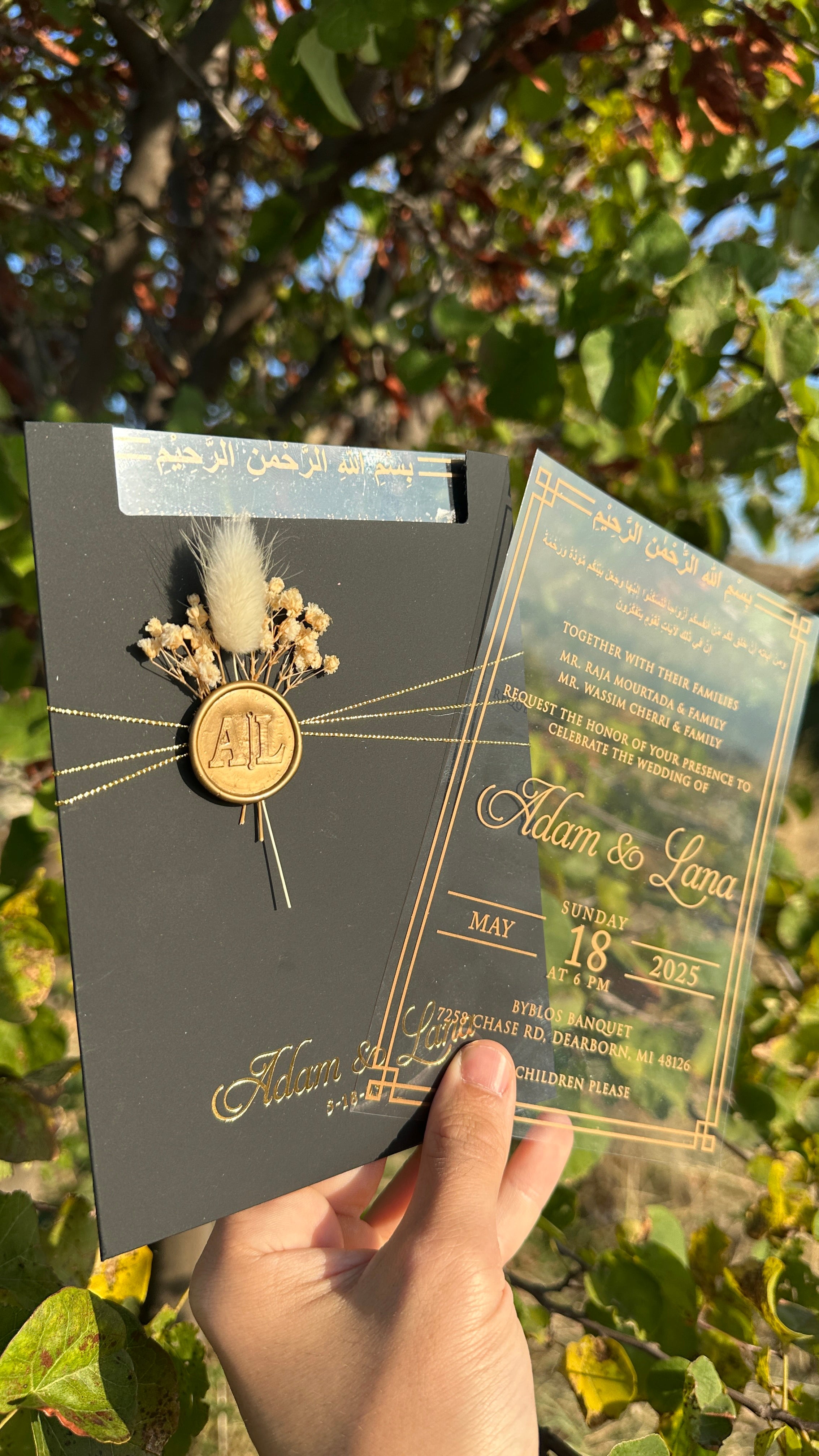 Clear Acrylic Wedding Invitation with Gold Print, Black Envelope, Gold Ribbon, Wax Seal & Dried Flower - LunaInvites