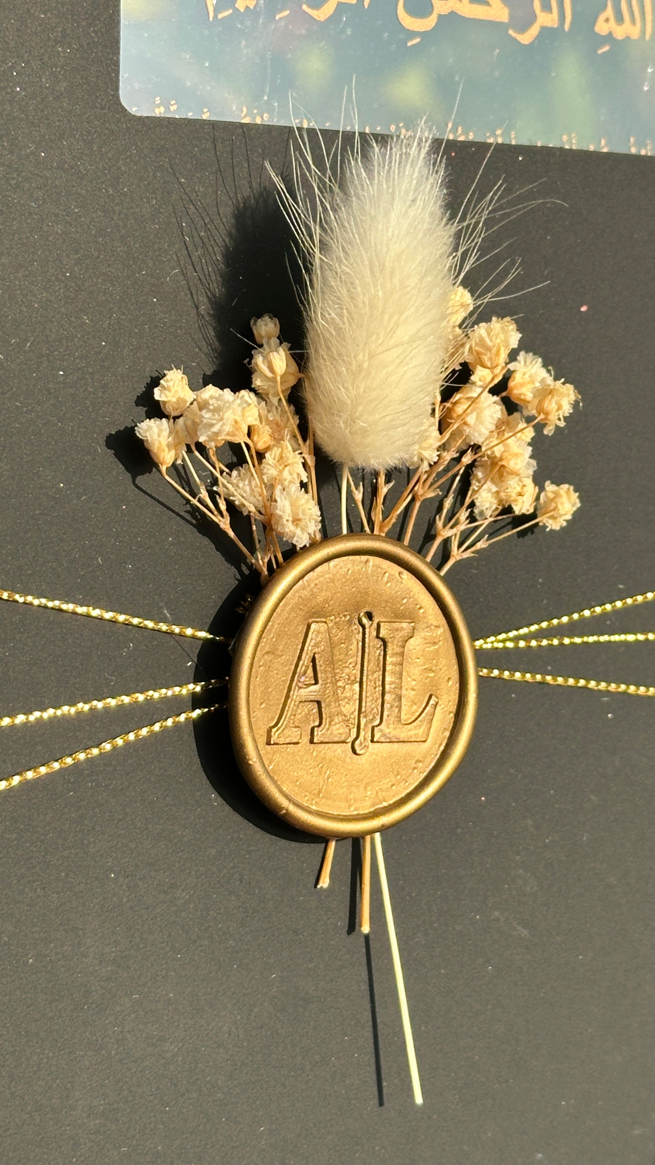 Clear Acrylic Wedding Invitation with Gold Print, Black Envelope, Gold Ribbon, Wax Seal & Dried Flower - LunaInvites