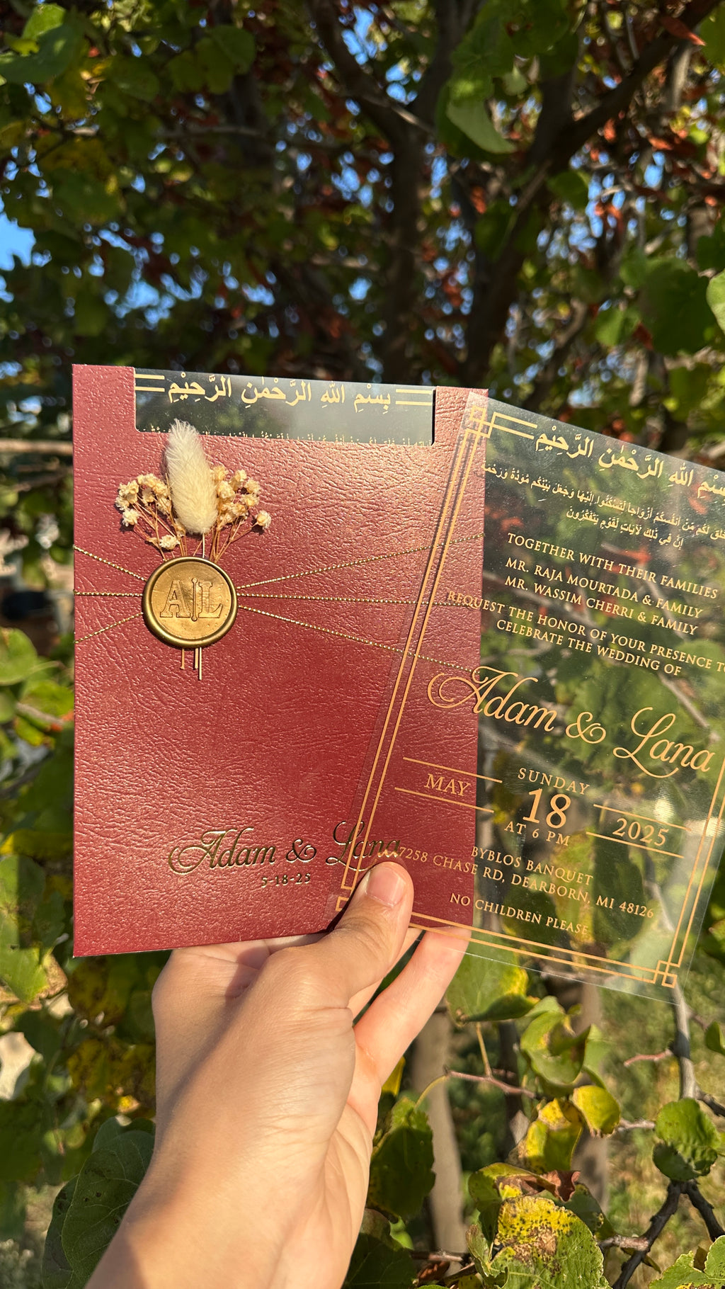 Clear Acrylic Wedding Invitation with Gold Print, Burgundy Envelope, Gold Ribbon, Wax Seal & Dried Flower - LunaInvites