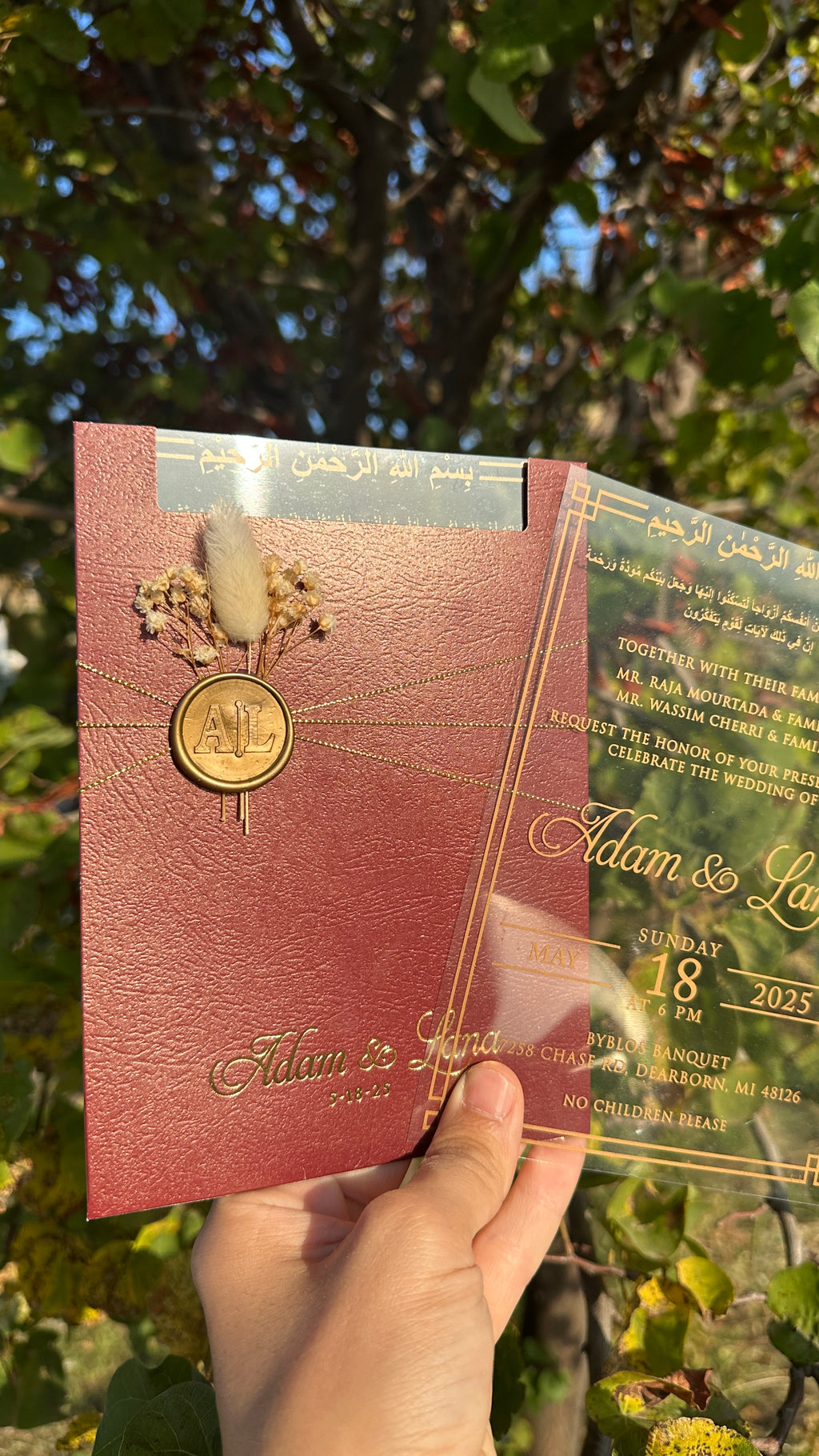 Clear Acrylic Wedding Invitation with Gold Print, Burgundy Envelope, Gold Ribbon, Wax Seal & Dried Flower - LunaInvites