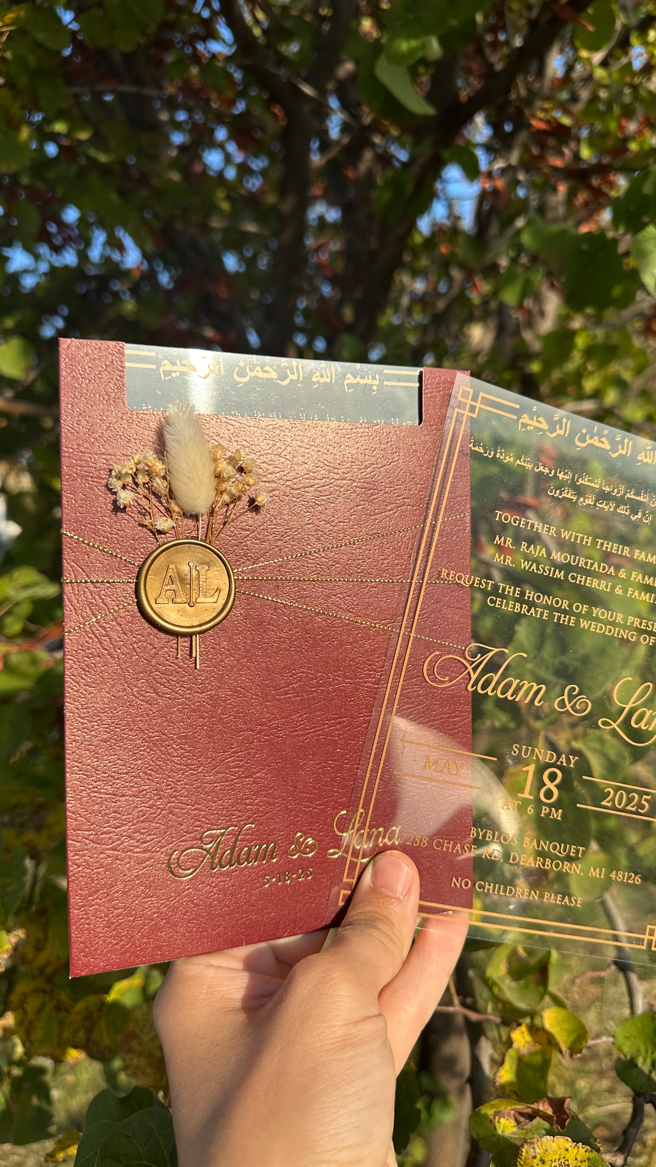 Clear Acrylic Wedding Invitation with Gold Print, Burgundy Envelope, Gold Ribbon, Wax Seal & Dried Flower - LunaInvites