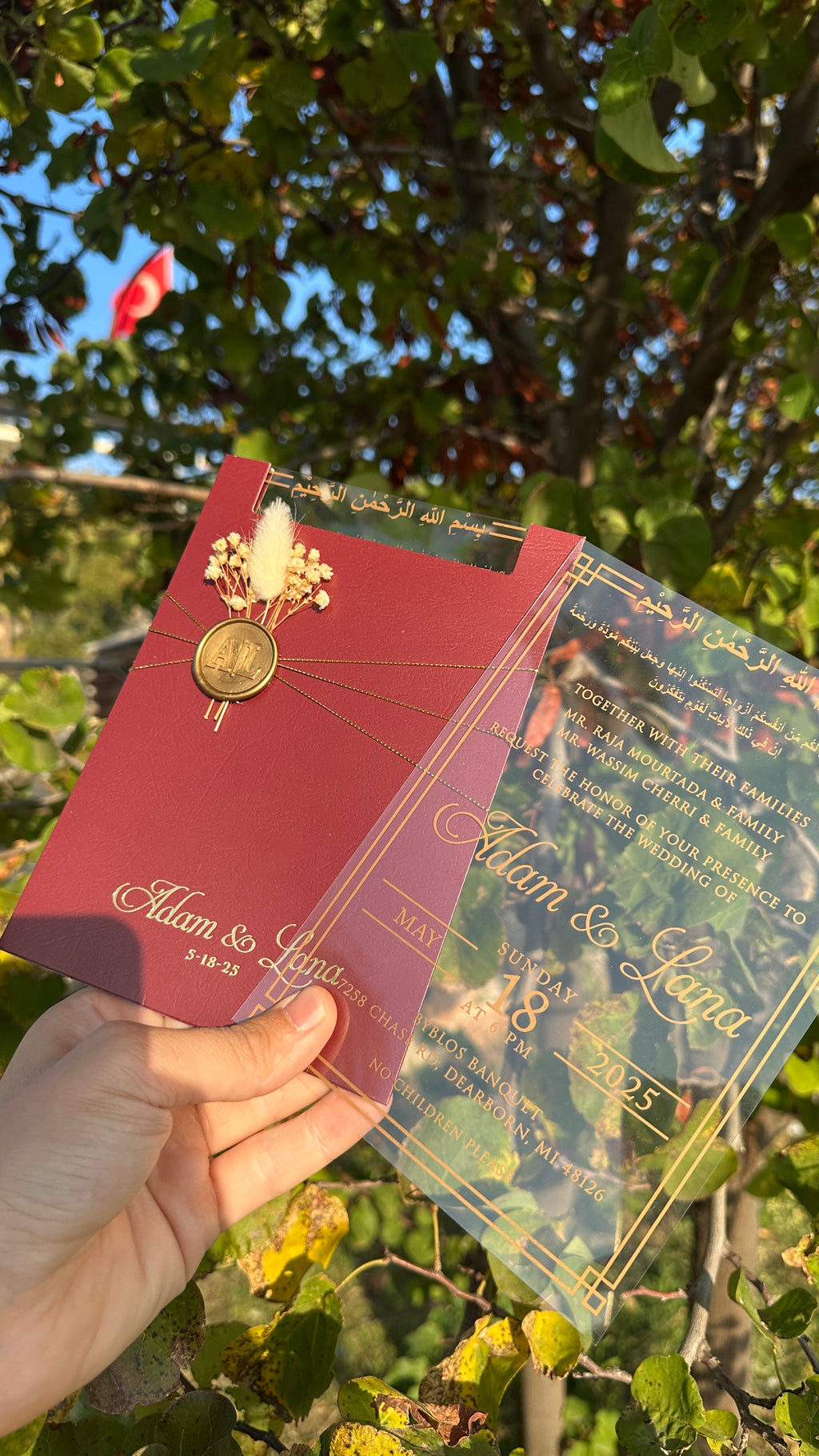 Clear Acrylic Wedding Invitation with Gold Print, Burgundy Envelope, Gold Ribbon, Wax Seal & Dried Flower - LunaInvites