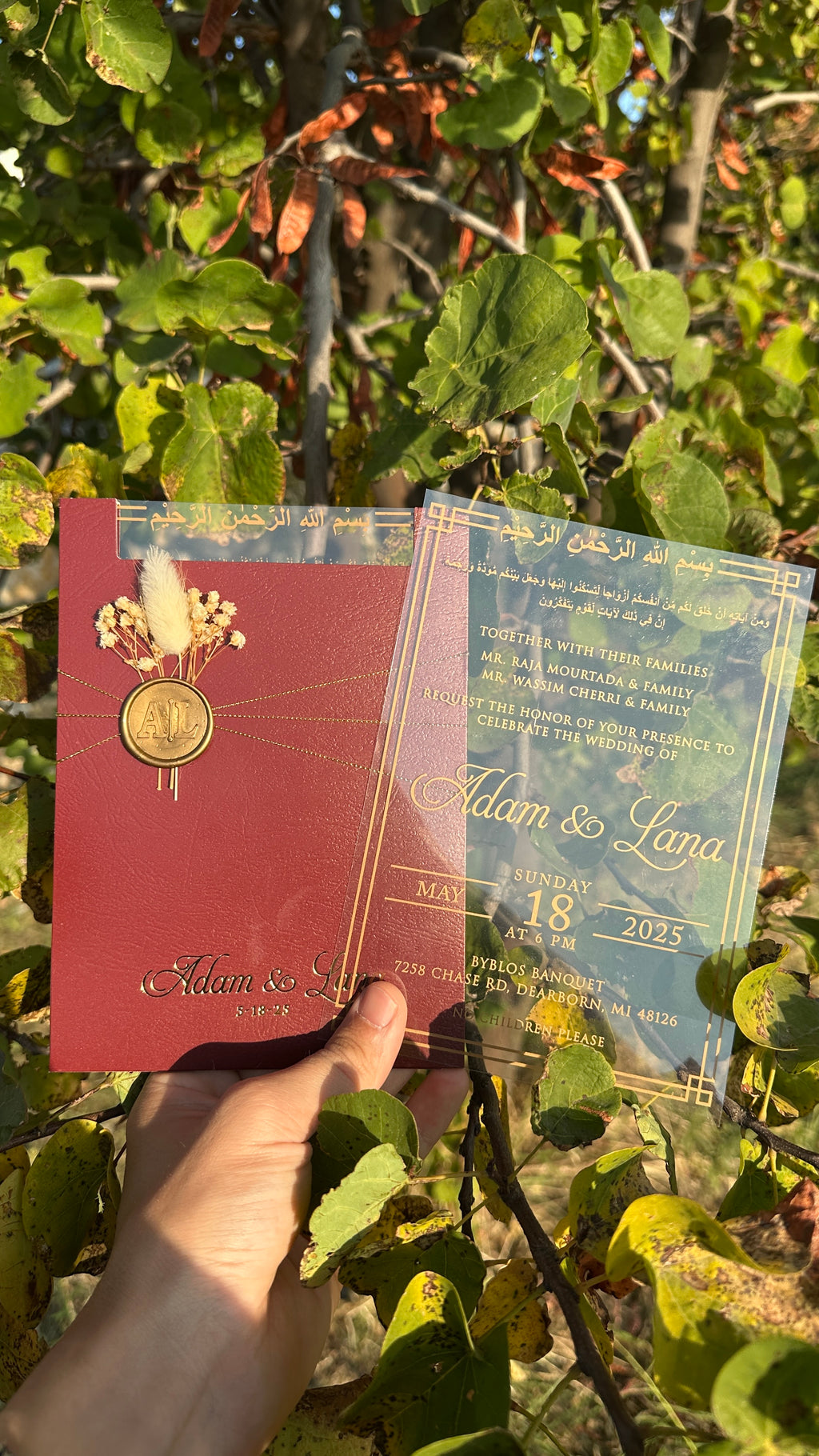 Clear Acrylic Wedding Invitation with Gold Print, Burgundy Envelope, Gold Ribbon, Wax Seal & Dried Flower - LunaInvites