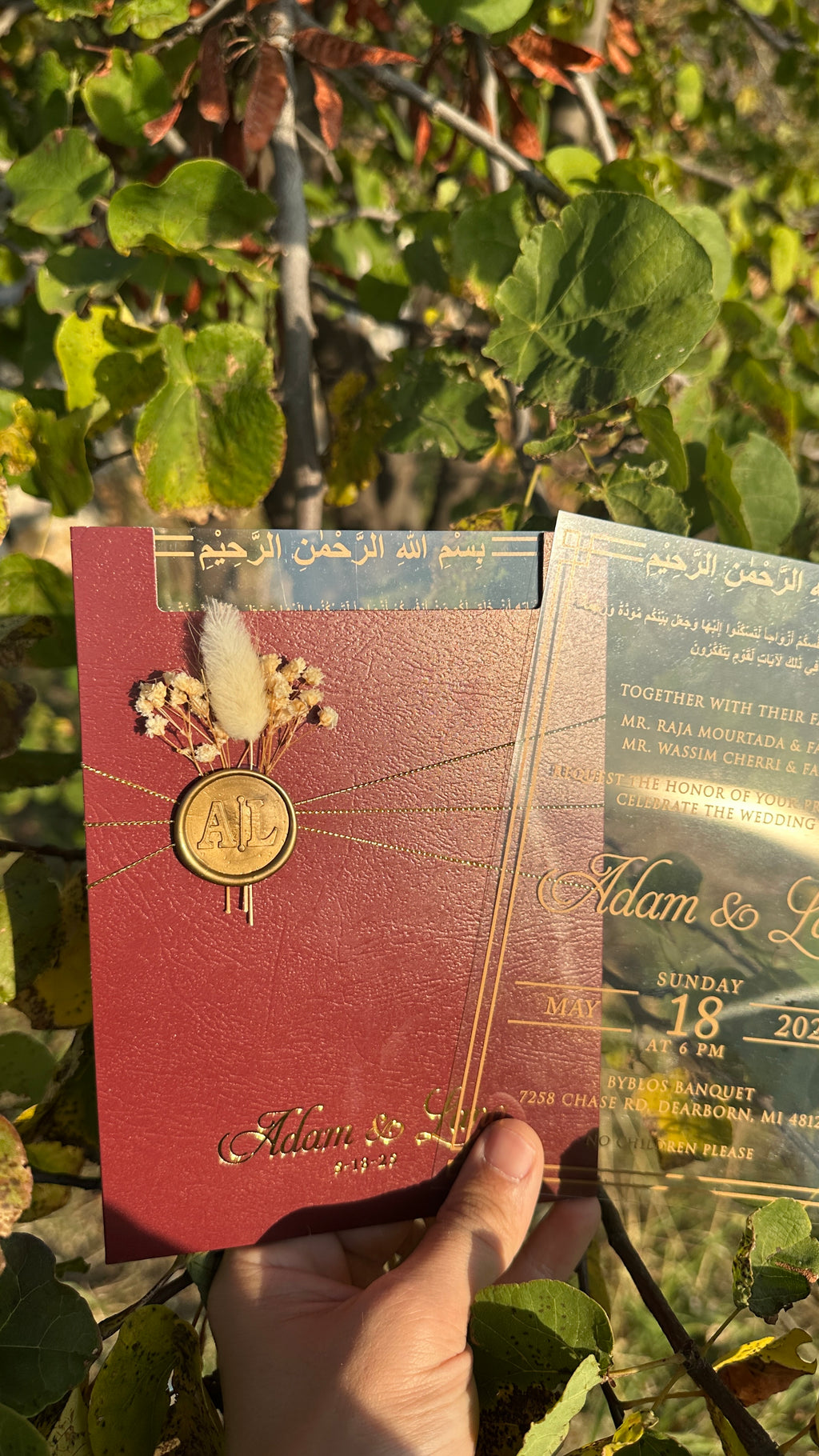 Clear Acrylic Wedding Invitation with Gold Print, Burgundy Envelope, Gold Ribbon, Wax Seal & Dried Flower - LunaInvites