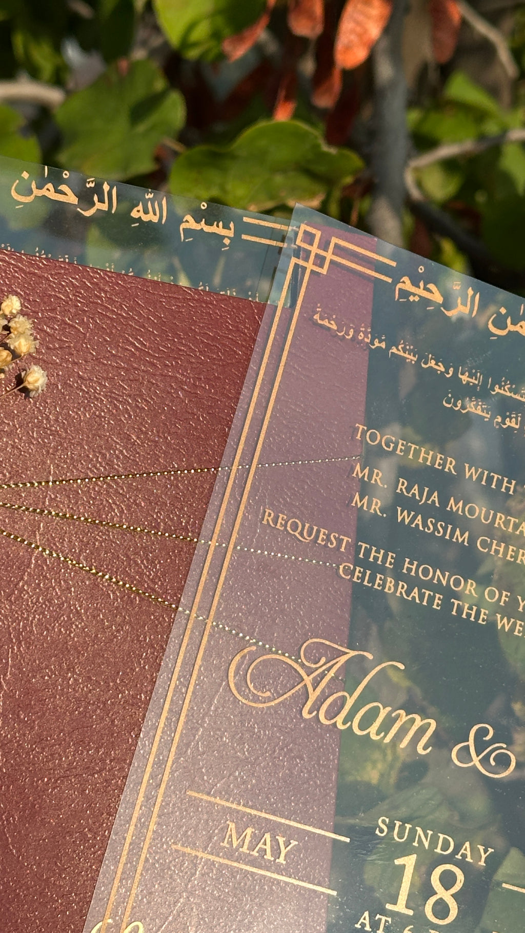 Clear Acrylic Wedding Invitation with Gold Print, Burgundy Envelope, Gold Ribbon, Wax Seal & Dried Flower - LunaInvites