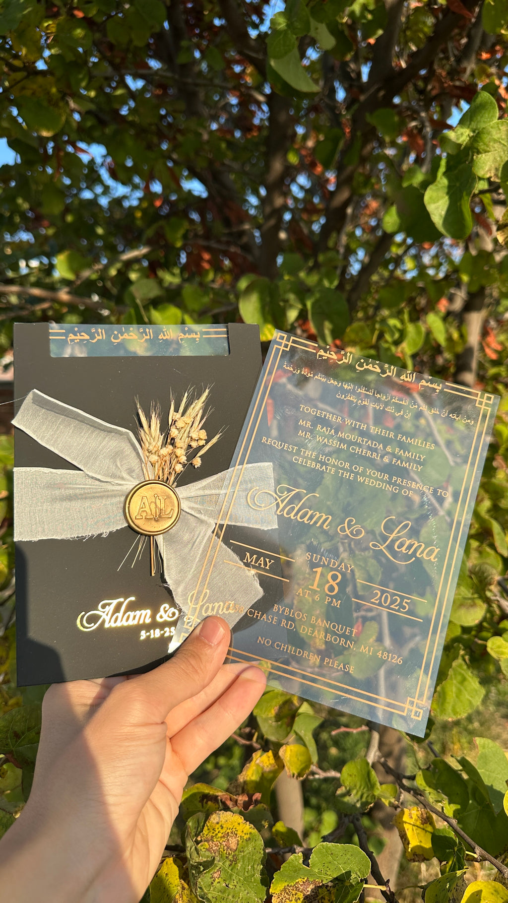 Clear Acrylic Wedding Invitation with Gold Print, Black Envelope, White Ribbon, Gold Wax Seal & Dried Flowers - LunaInvites