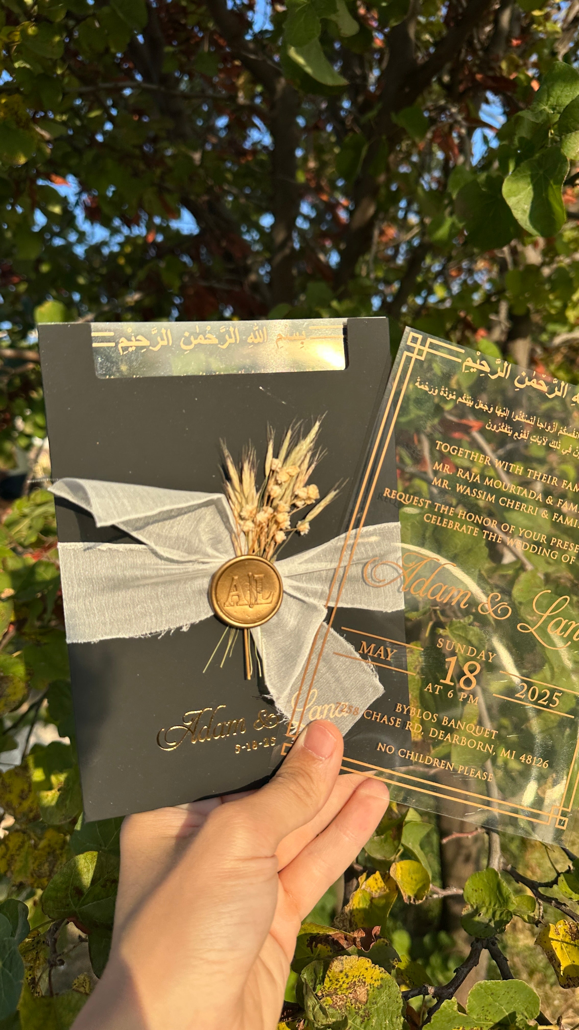 Clear Acrylic Wedding Invitation with Gold Print, Black Envelope, White Ribbon, Gold Wax Seal & Dried Flowers - LunaInvites